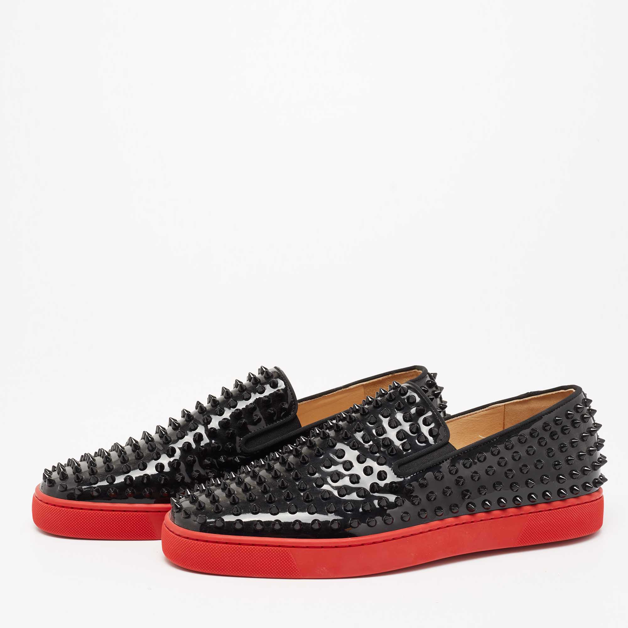 

Christian Louboutin Black Patent Leather Roller Boat Spiked Slip On Sneakers Size