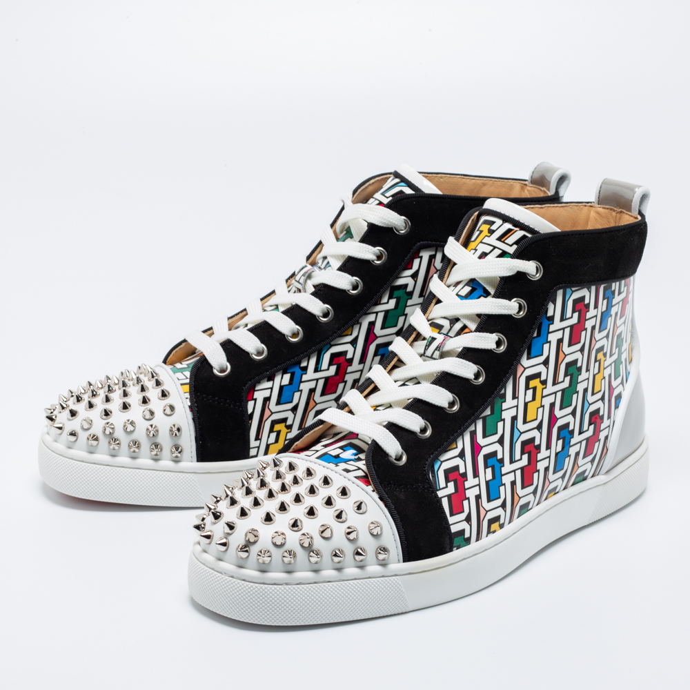 

Christian Louboutin Multicolor Printed Patent, Suede and Leather Lou Spikes Orlato High-Top Sneakers Size