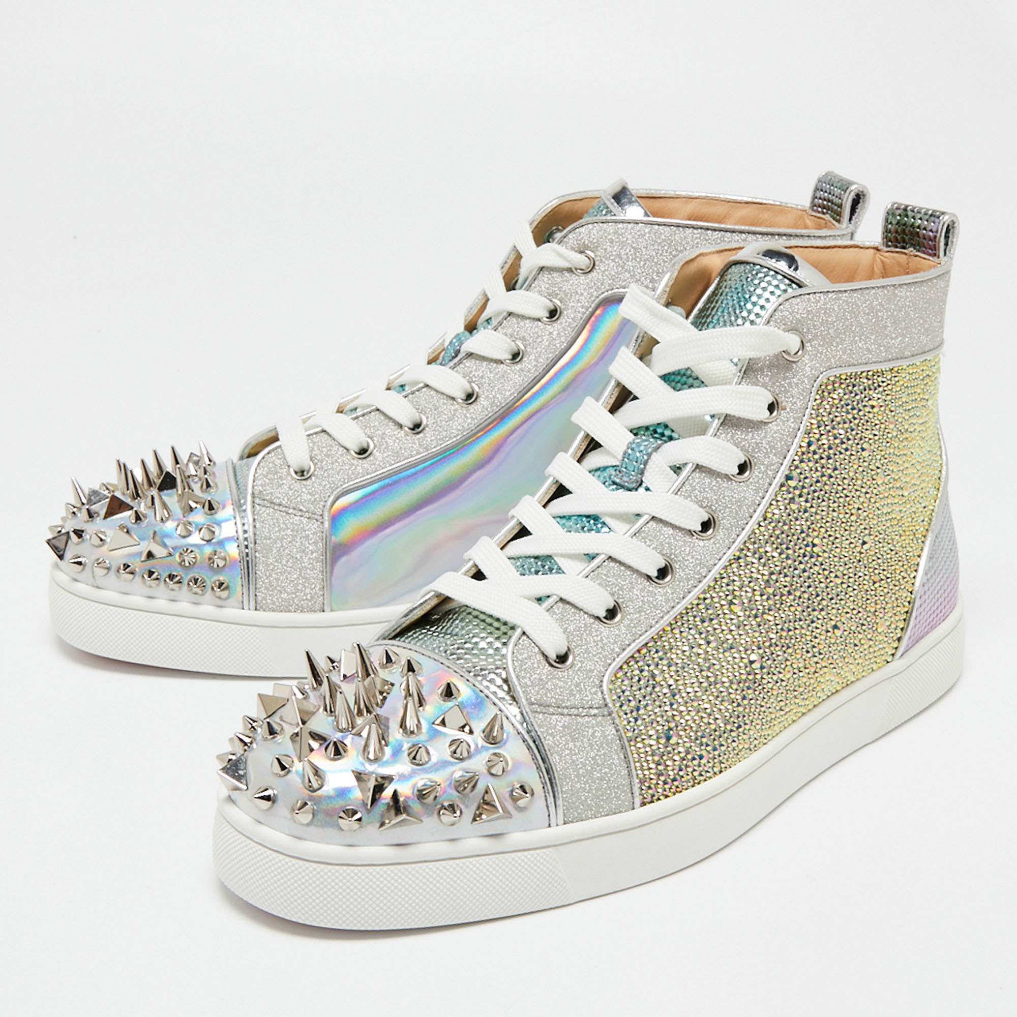 

Christian Louboutin Silver Glitter, Iridescent and Crystal Embellished Leather Lou Spikes High-Top Sneakers Size