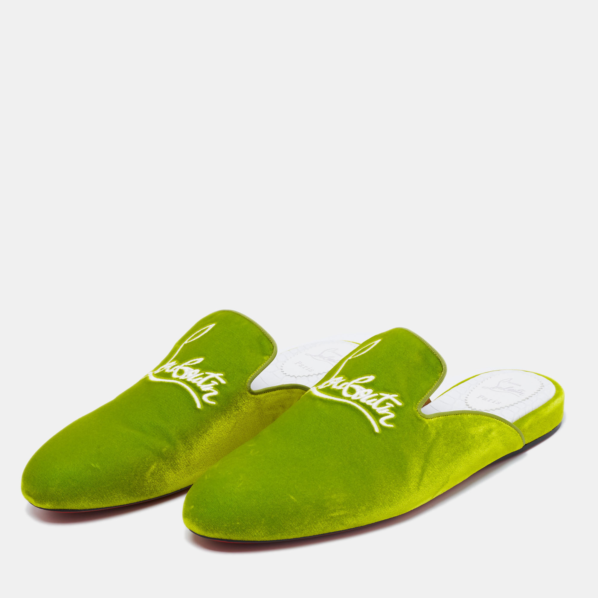 

Christian Louboutin Green Logo Embroidered Velvet Coolito Flat Mules Size