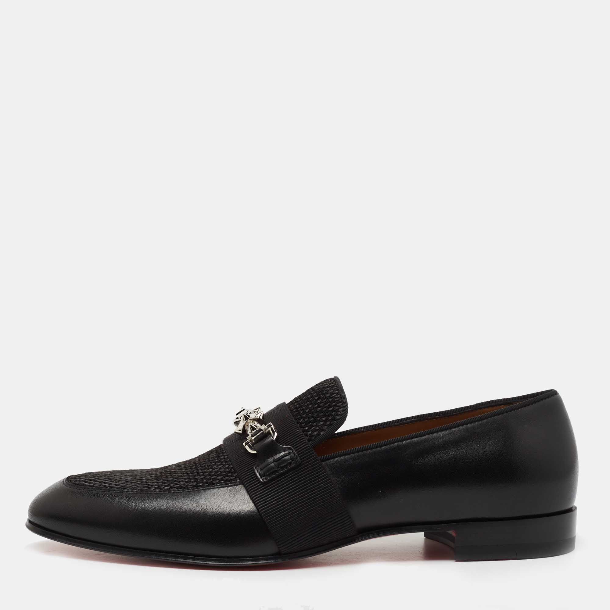 مملوكة مسبقًا Christian Louboutin Black Leather and Raffia Panamax Spiked Loafers Size 43.5  