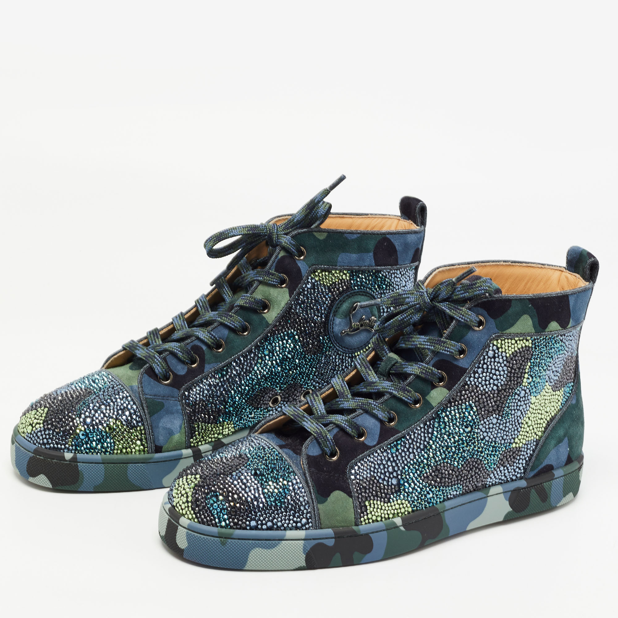 

Christian Louboutin Tricolor Camouflage Suede Louis Orlato Strass High Top Sneakers Size, Green