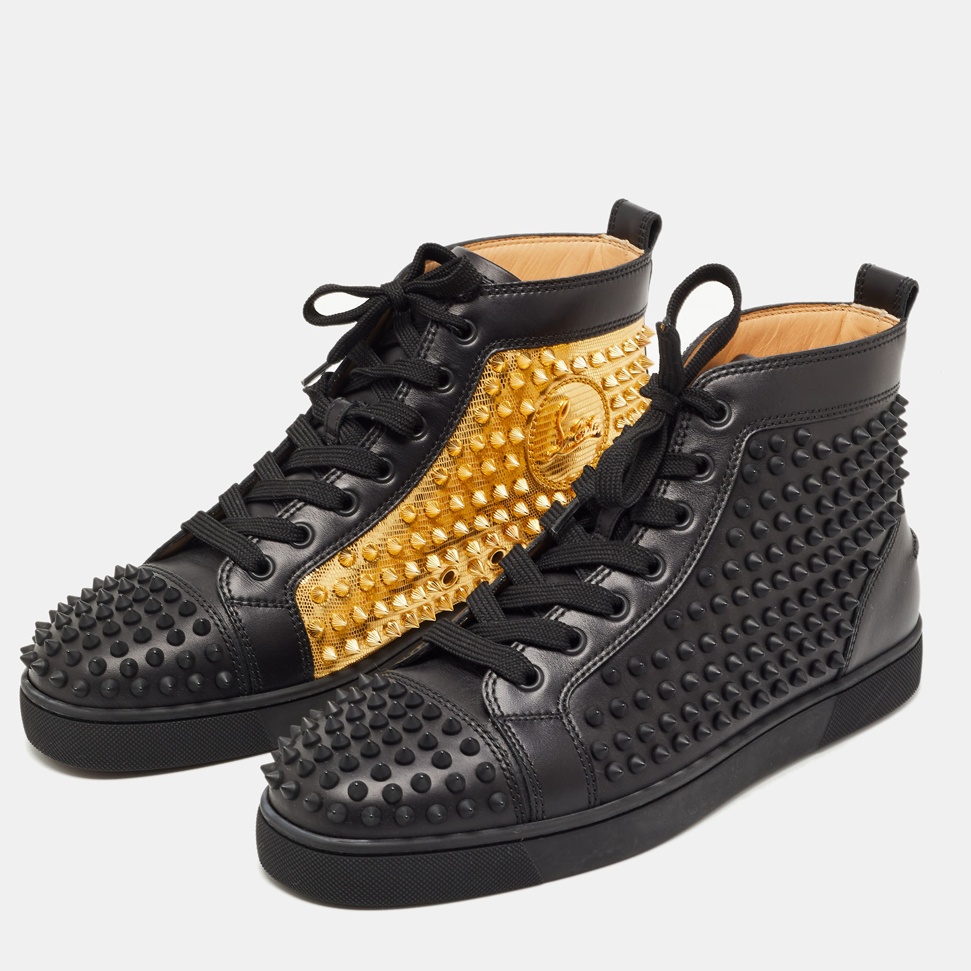 

Christian Louboutin Black/Gold Leather Louis Laminato Dino High Top Sneakers Size