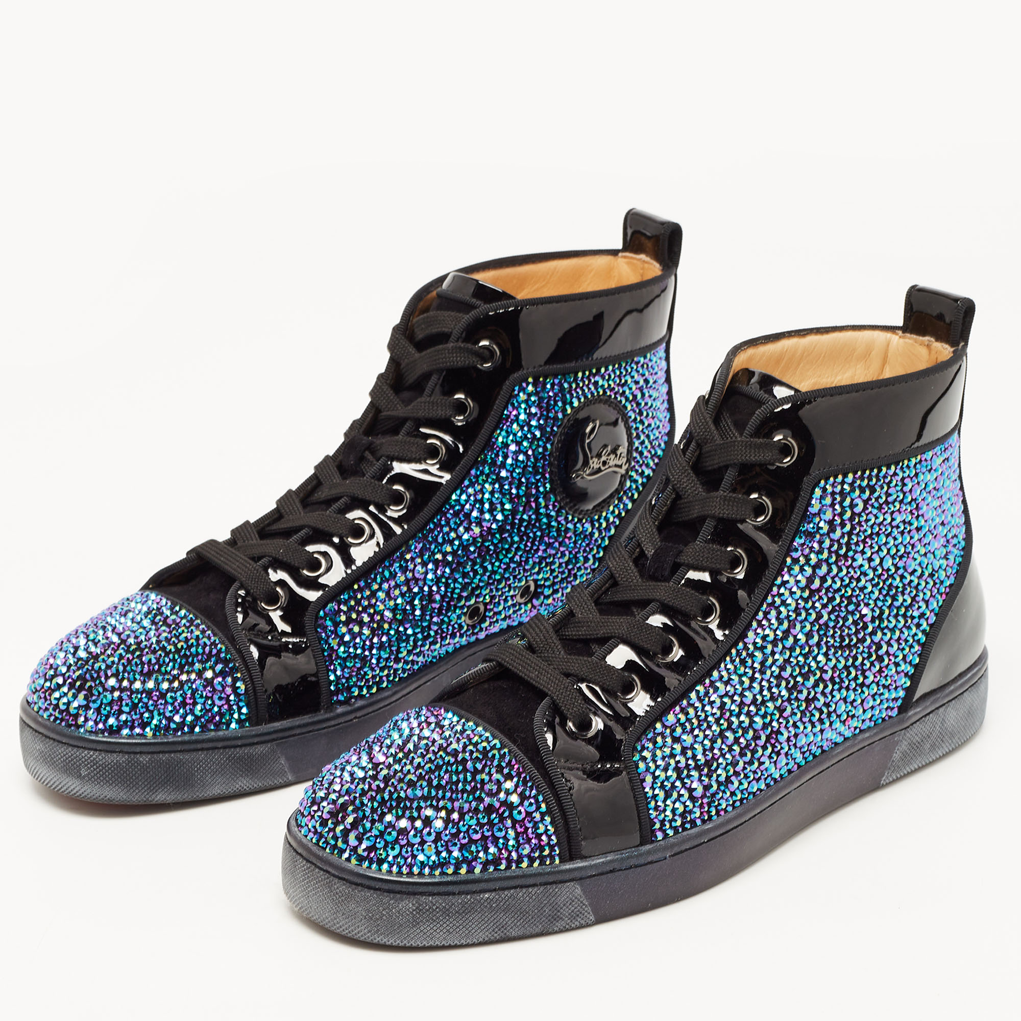 

Christian Louboutin Black Patent Leather and Suede Embellished Louis High-Top Sneakers Size