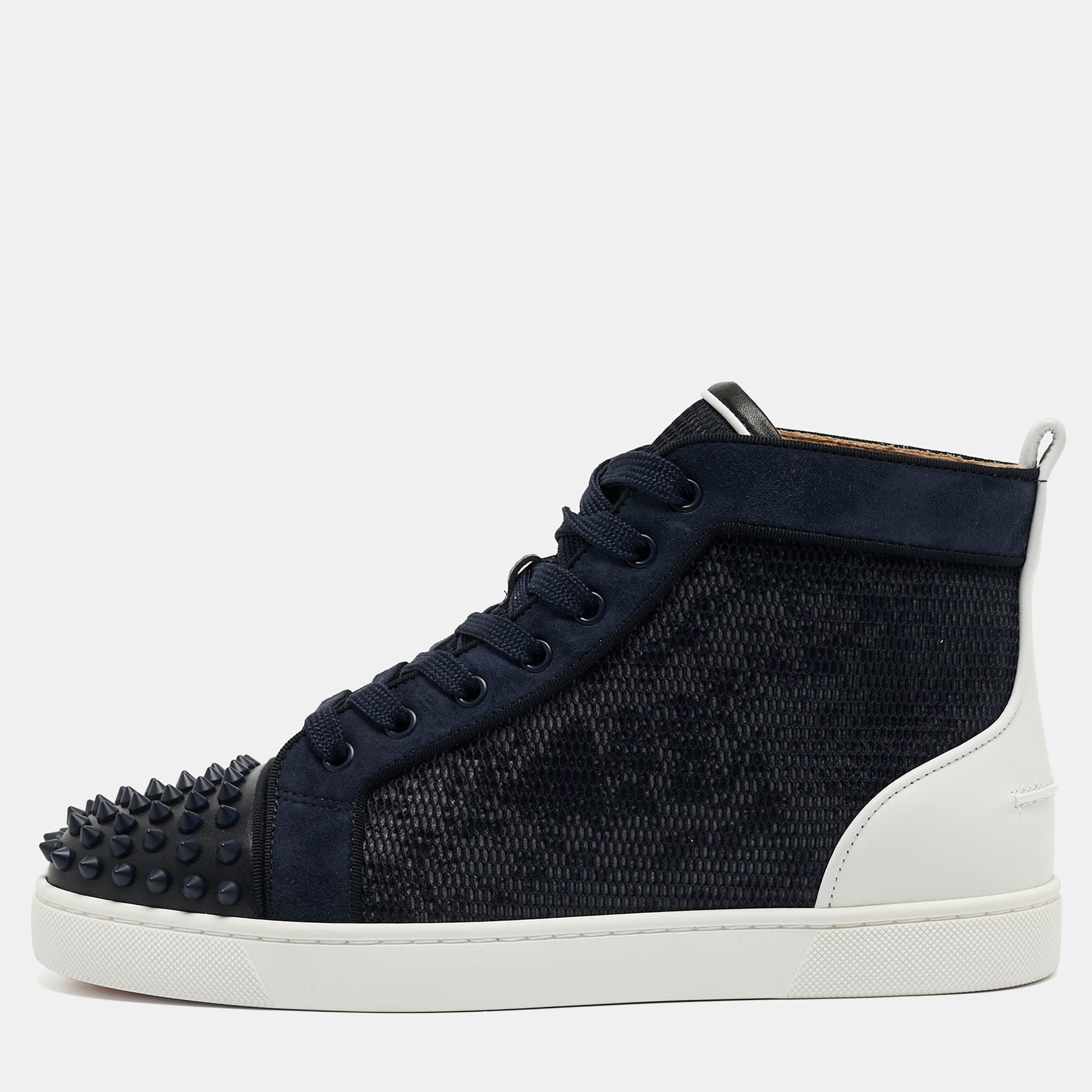 Pre-owned Christian Louboutin Navy Blue/white Leather Lou Spike Orlato Sneakers Size41