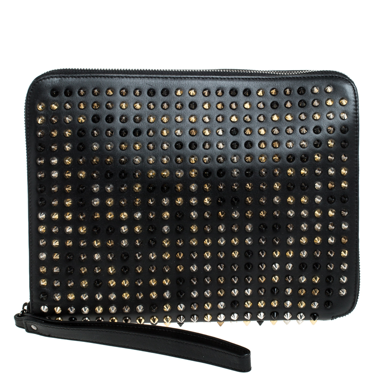 Pre Owned Christian Louboutin Black Leather Spike Zip Around Wristlet Clutch