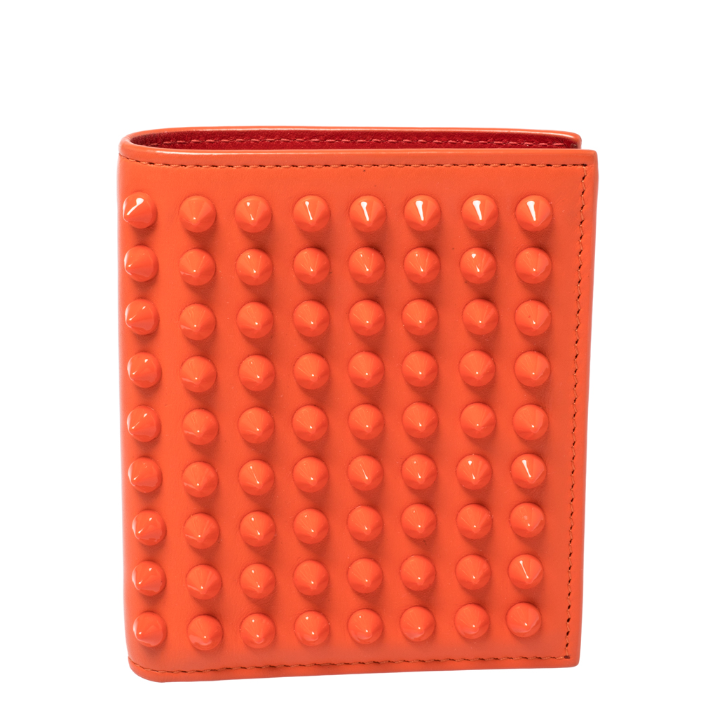 Christian Louboutin Neon Orange Leather Clipsos Studded Bifold Wallet