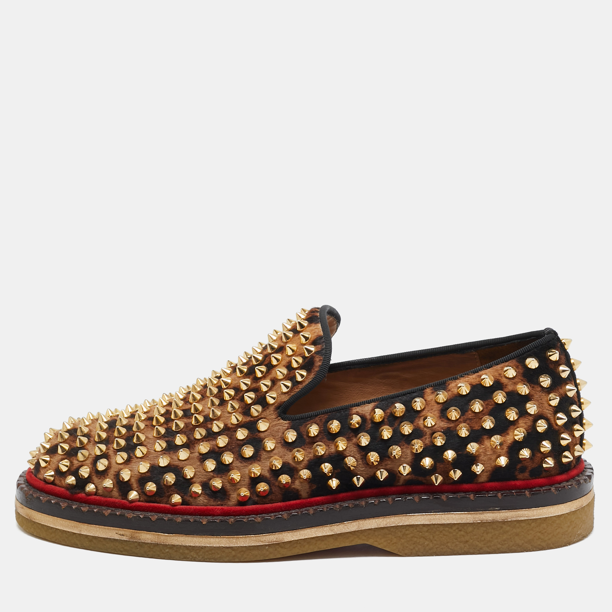 

Christian Louboutin Beige/Black Leopard Print Calf Hair Spikes Slip On Smoking Slippers Size, Brown