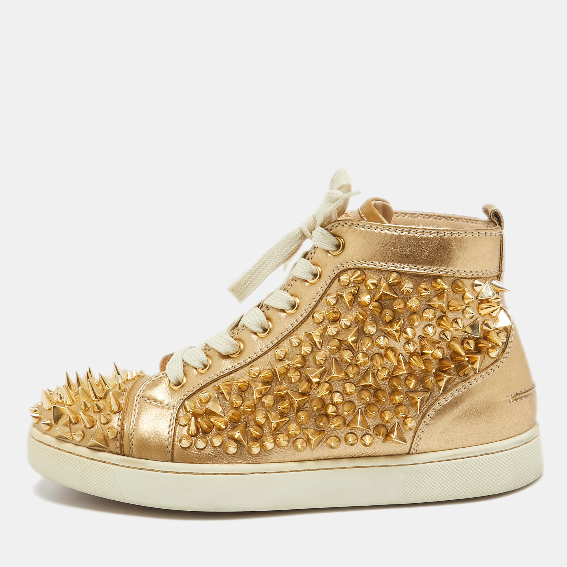 

Christian Louboutin Gold Leather Louis Pik Pik High Top Sneakers Size