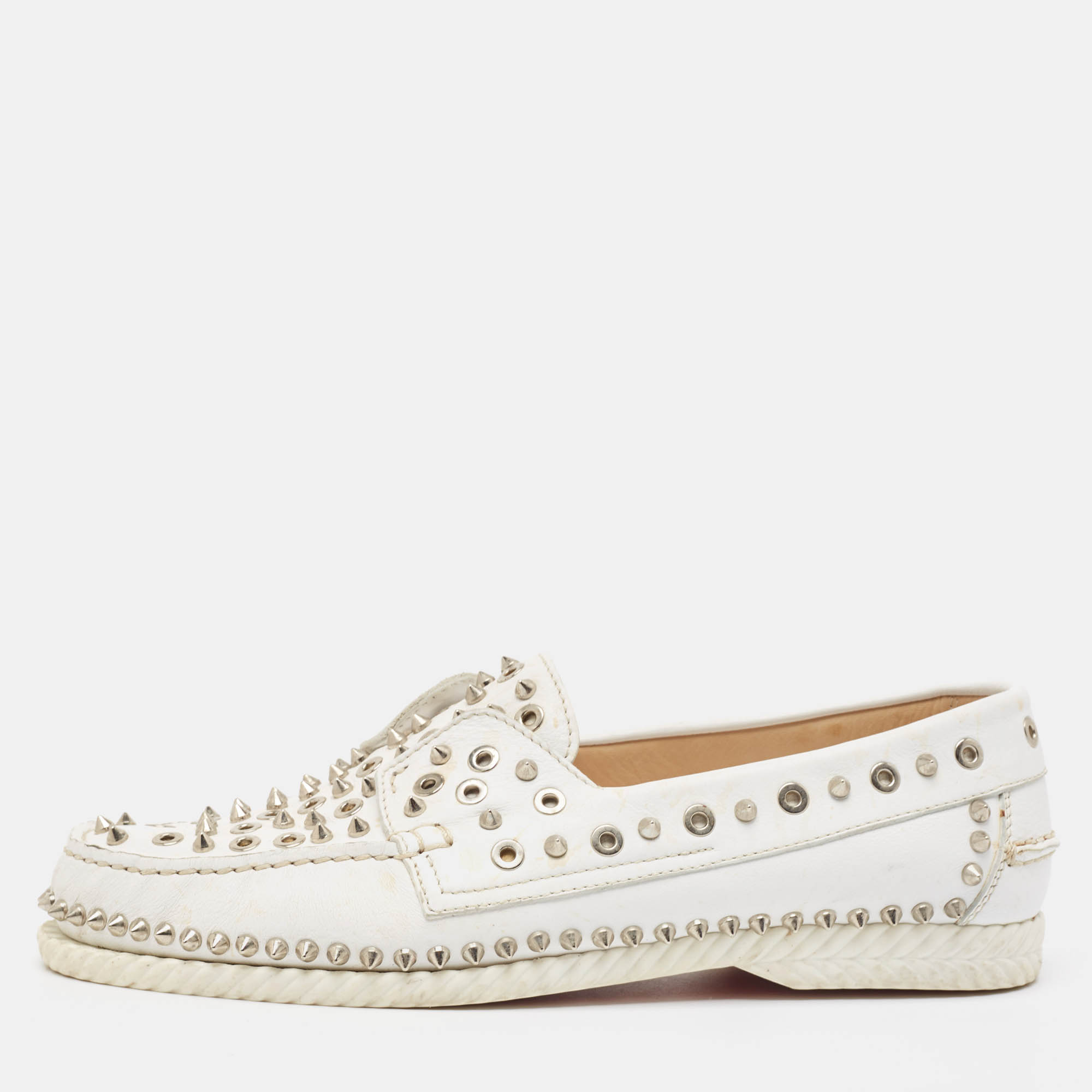 Pre-owned Christian Louboutin White Leather Studded Boat Deck Loafers Size 45