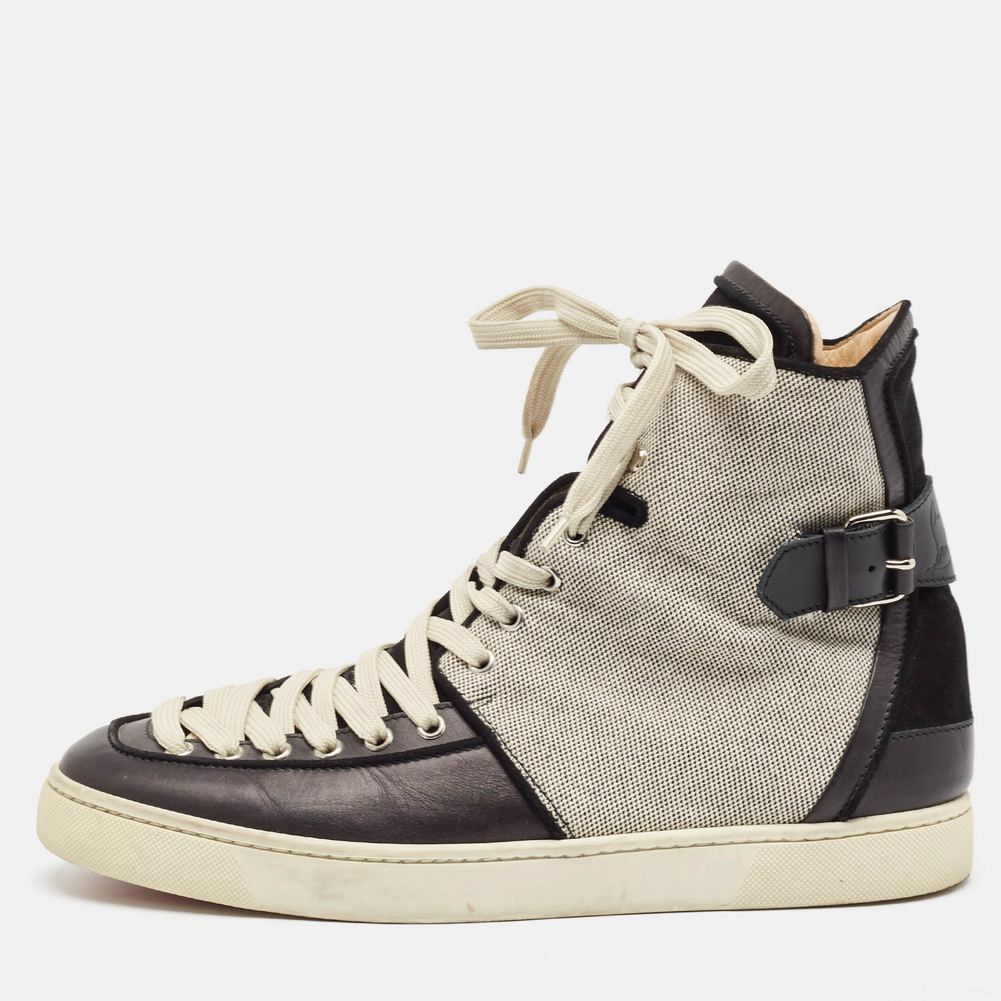 

Christian Louboutin Black/Cream Canvas and Leather Alfie High Top Sneakers Size