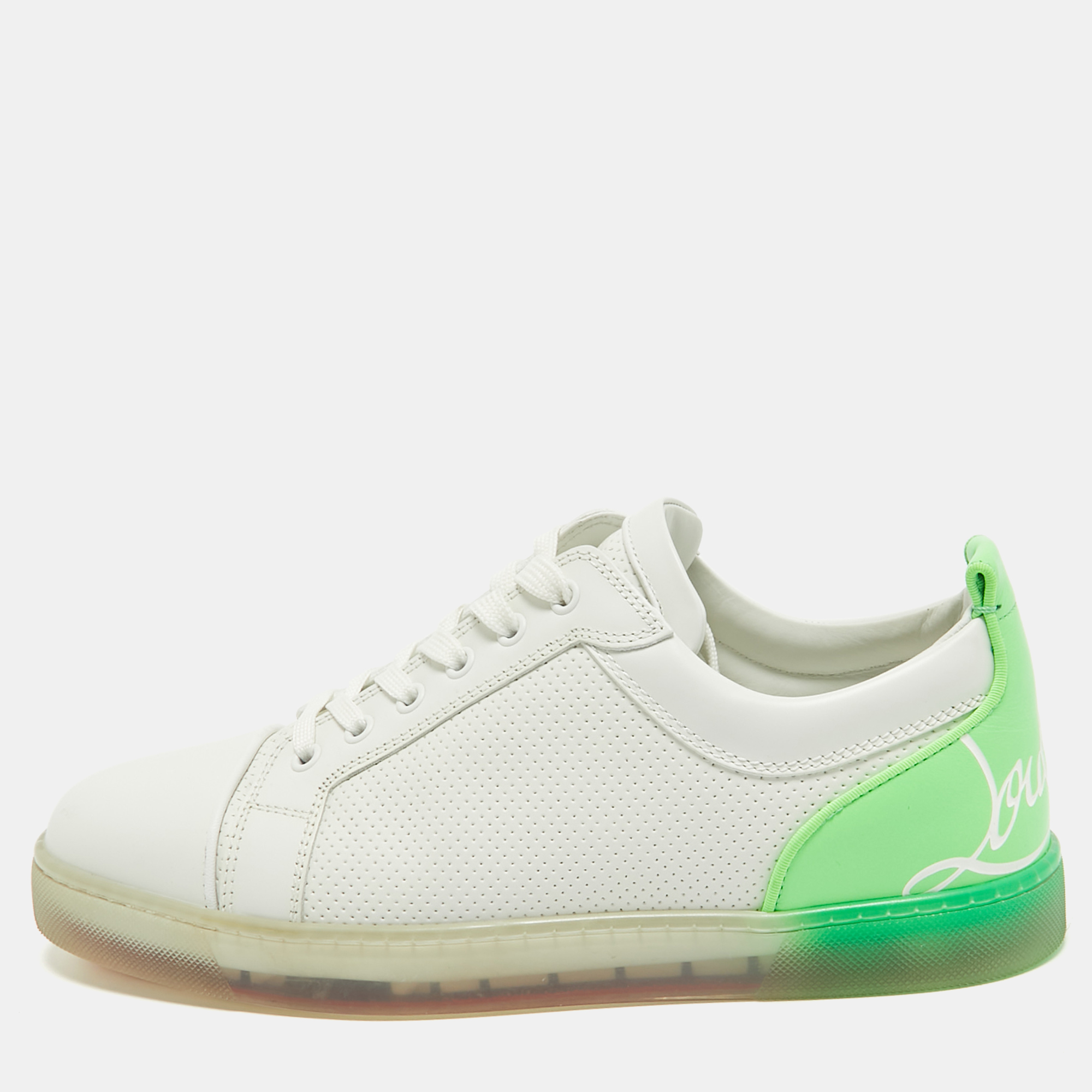 Pre-owned Christian Louboutin White/green Leather Lace Up Sneakers Size 42