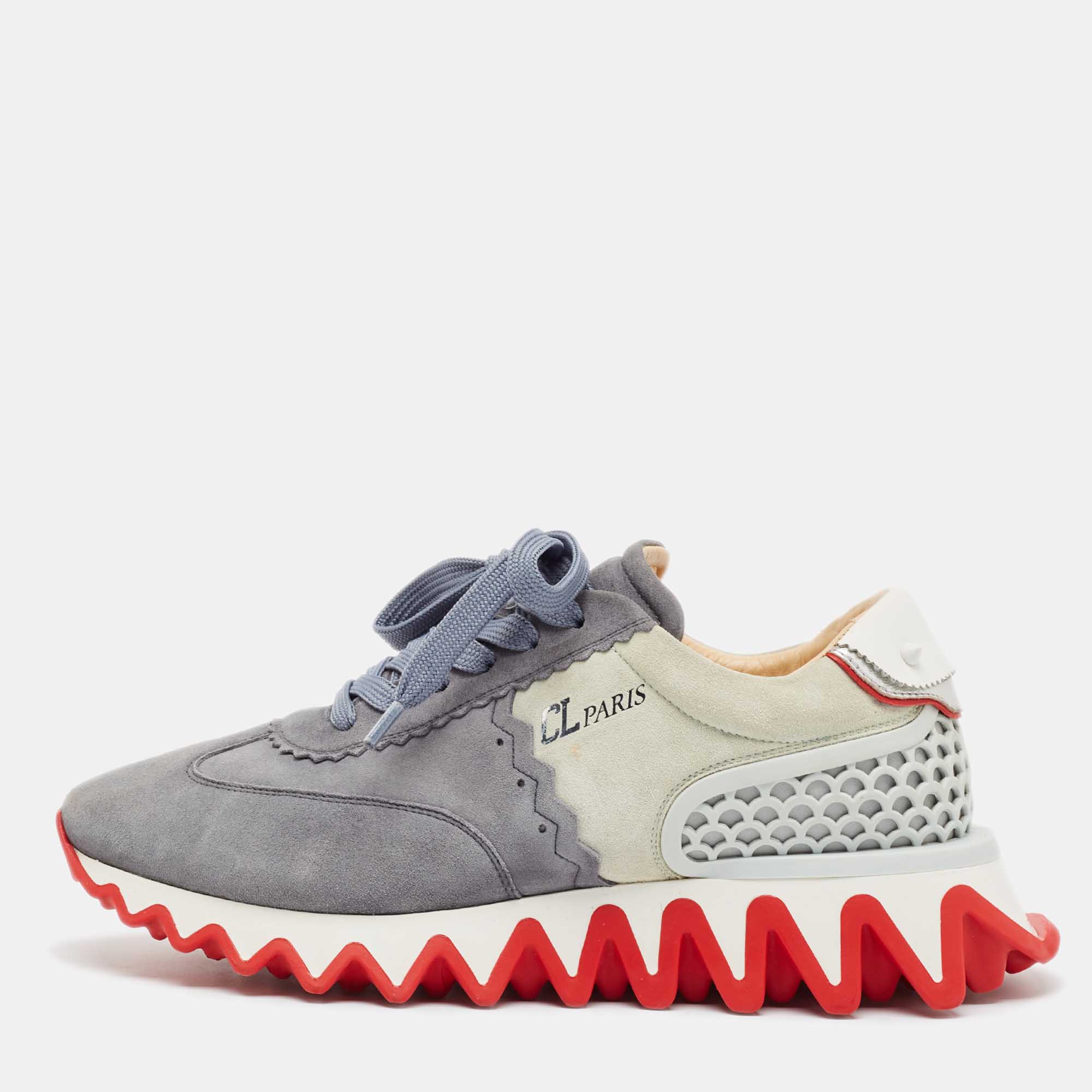 Pre-owned Christian Louboutin Two Tone Leather And Suede Loubi Shark Lace Up Sneakers Size 39 In Grey