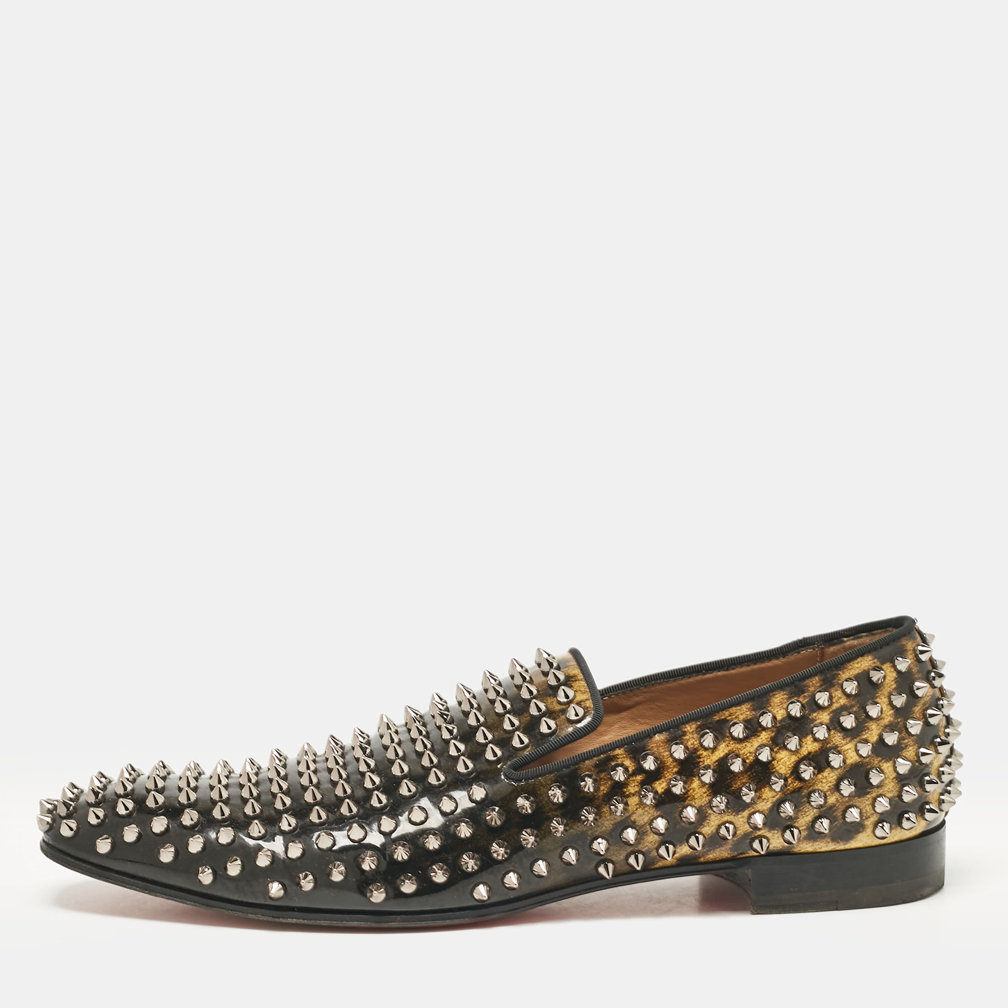 

Christian Louboutin Black/Brown Leopard Print Patent Leather Dandelion Spikes Smoking Slippers Size