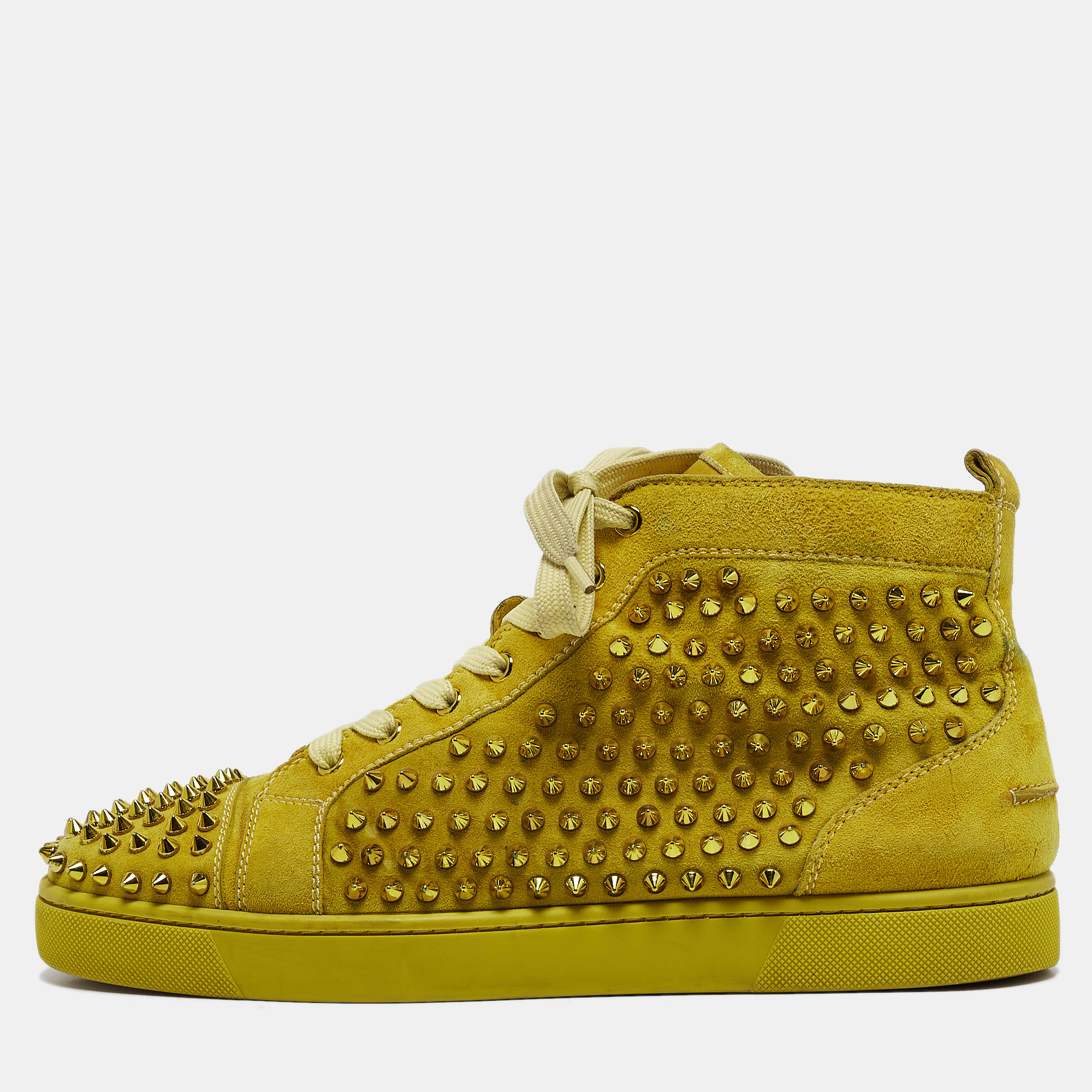 Pre-owned Christian Louboutin Yellow Suede Louis Spikes High Top Sneakers Size 43