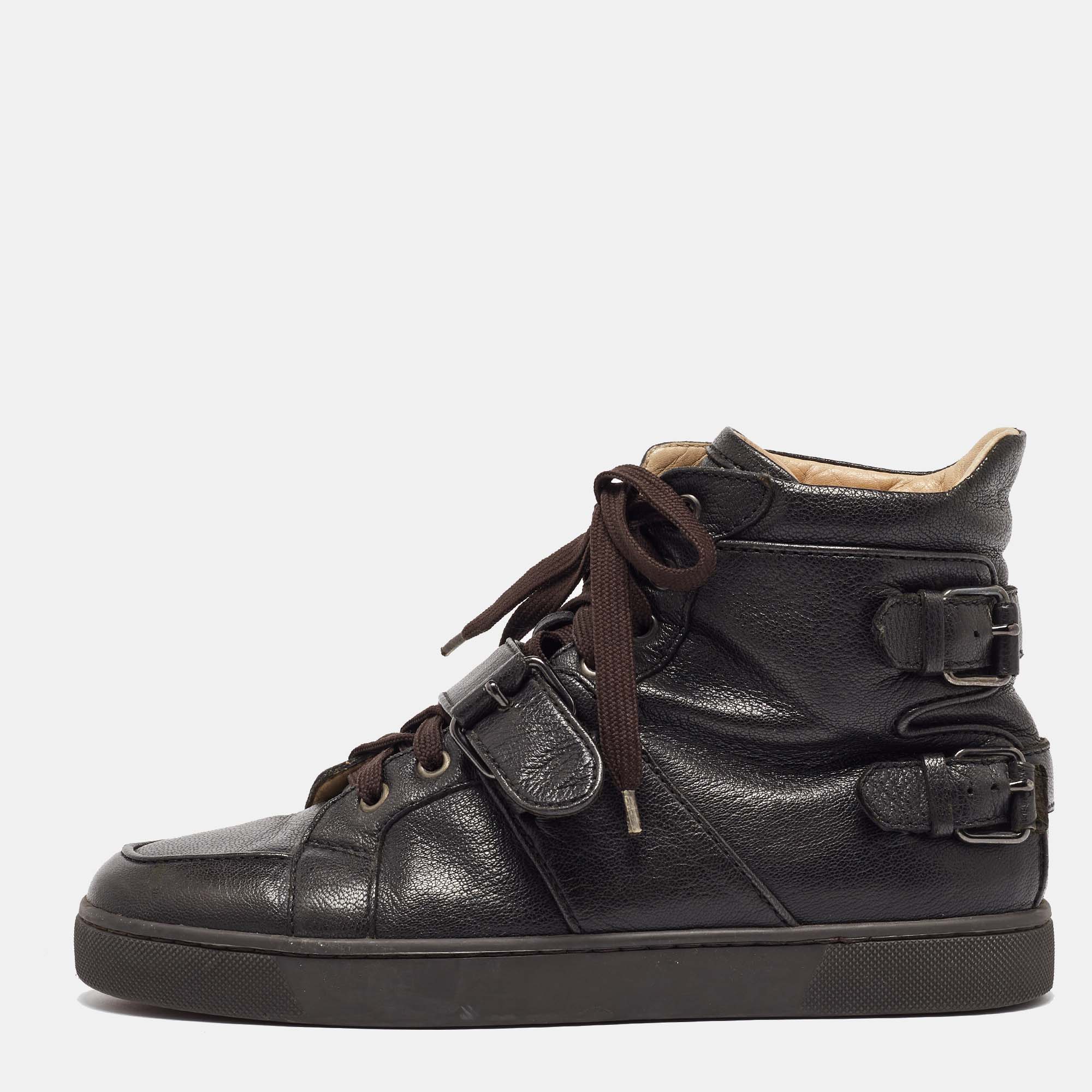 

Christian Louboutin Dark Brown Leather Buckle Detail High Top Sneakers Size