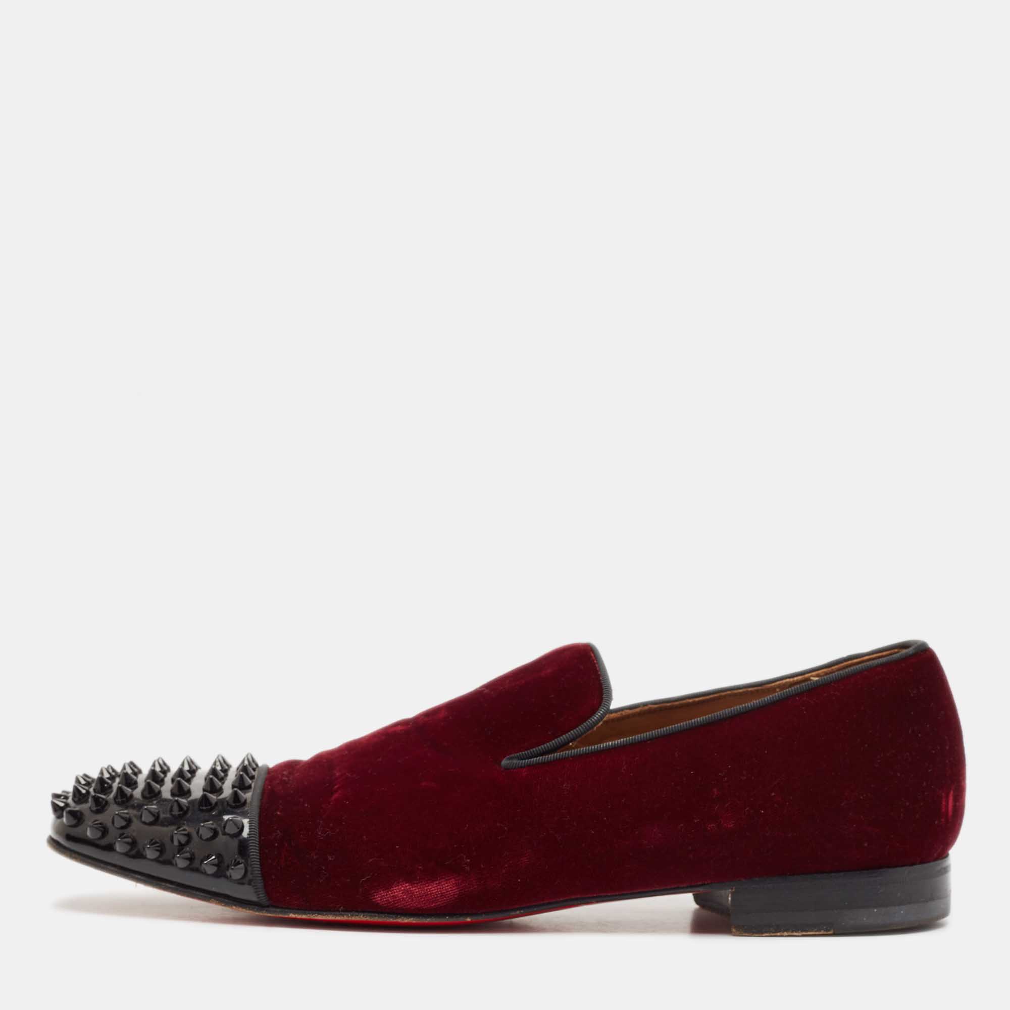 

Christian Louboutin Burgundy Velvet and Patent Leather Spooky Spiked Smoking Slippers Size