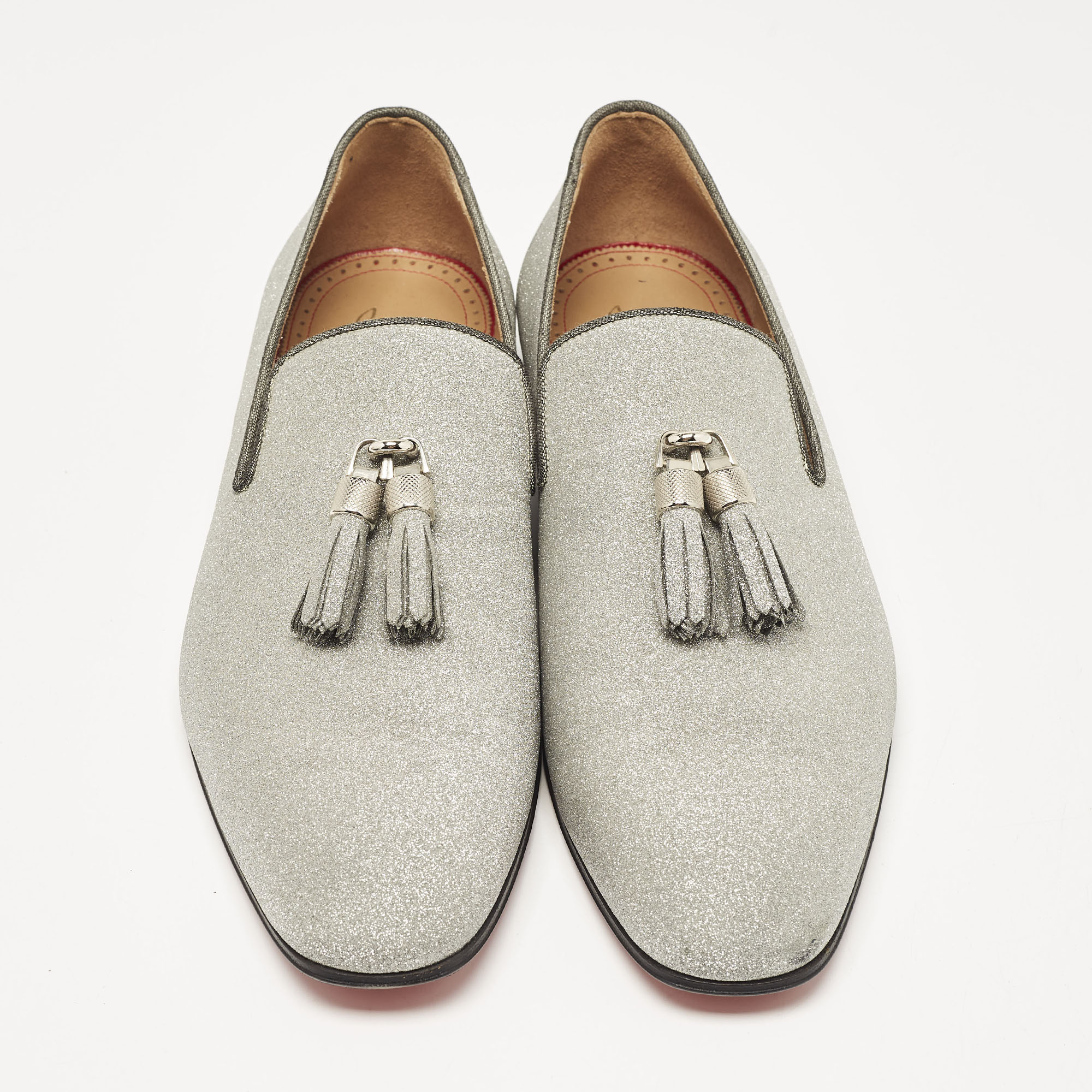 Christian Louboutin Silver Glitter Dandelion Tassel Loafers Size 44 
