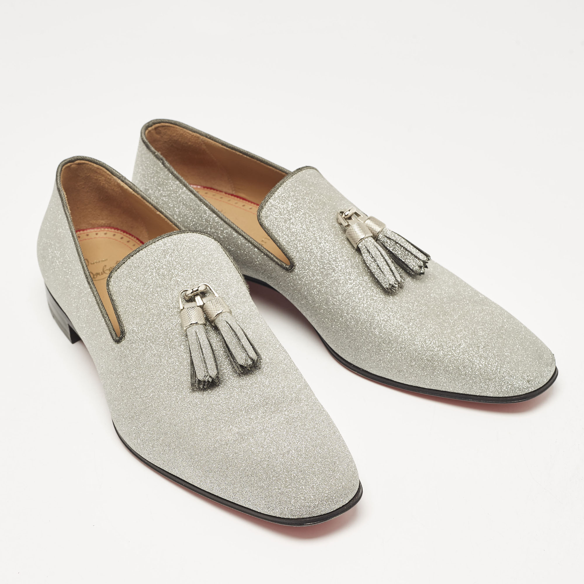 Christian Louboutin Silver Glitter Dandelion Tassel Loafers Size 44 
