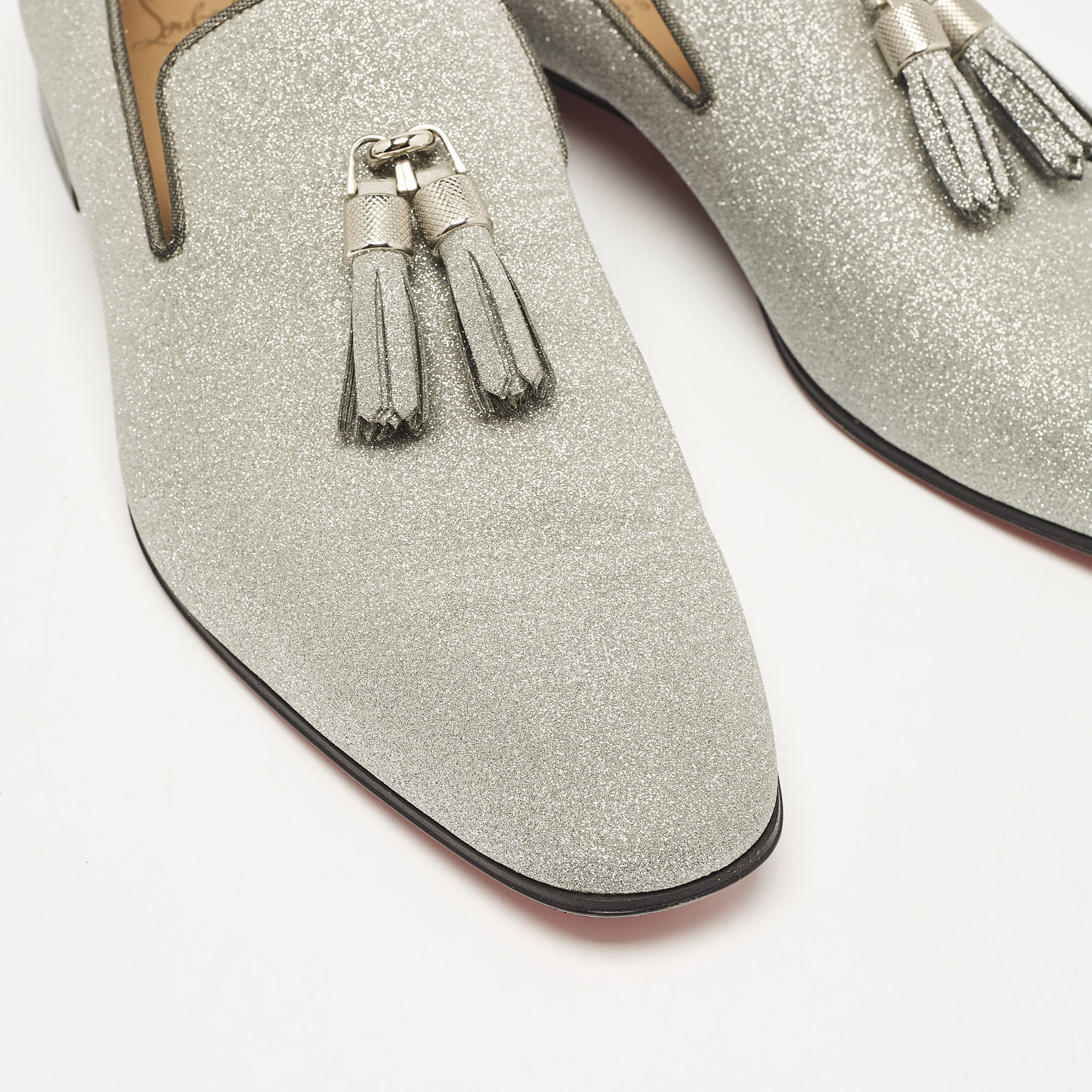 Christian Louboutin Silver Glitter Dandelion Tassel Loafers Size 44 