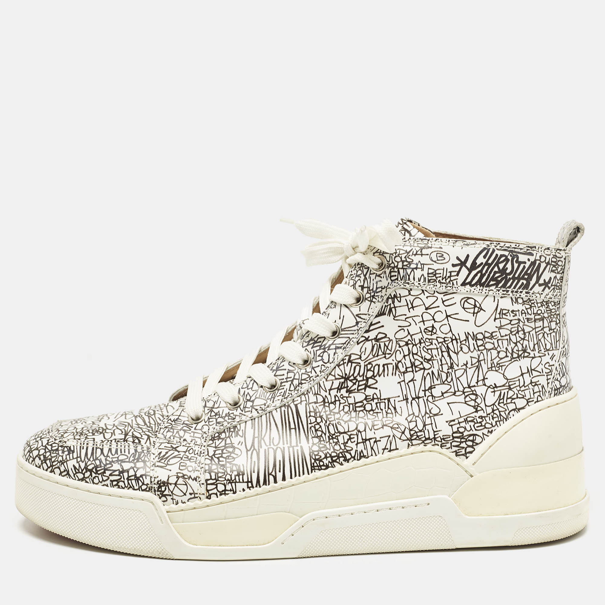 

Christian Louboutin White/Black Graffiti Leather Aurelien High Top Sneakers Size