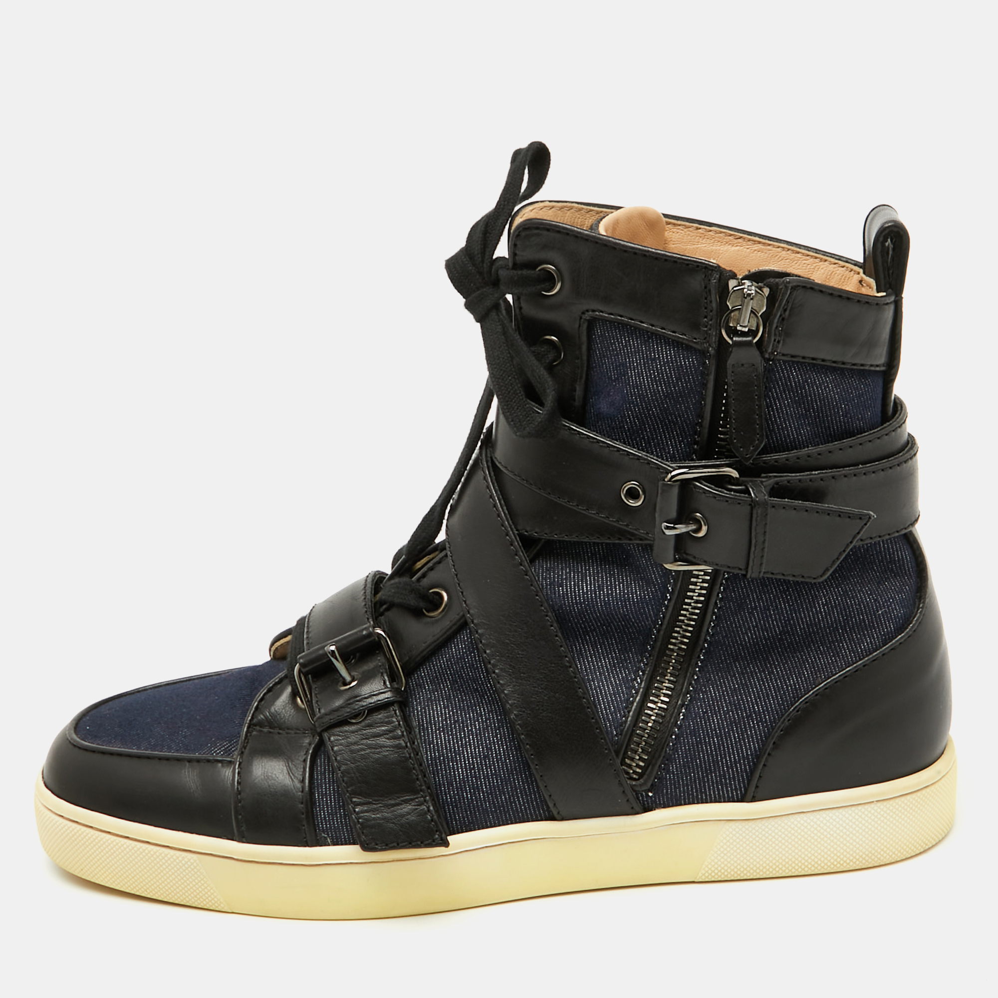 

Christian Louboutin Navy Blue/Black Fabric and Leather High Top Sneakers Size