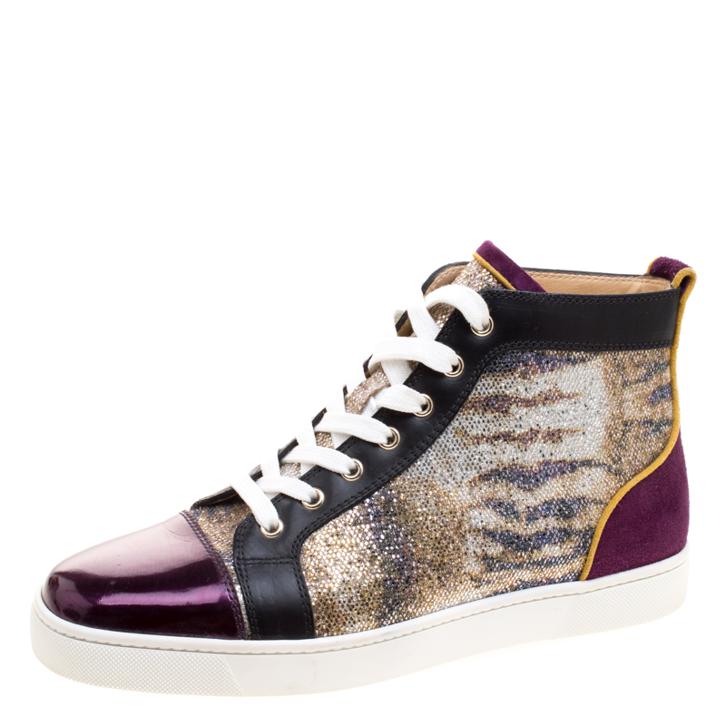 Pre Owned Christian Louboutin Mulitcolor Glitter Fabric and Leather High Top Sneakers Size 42