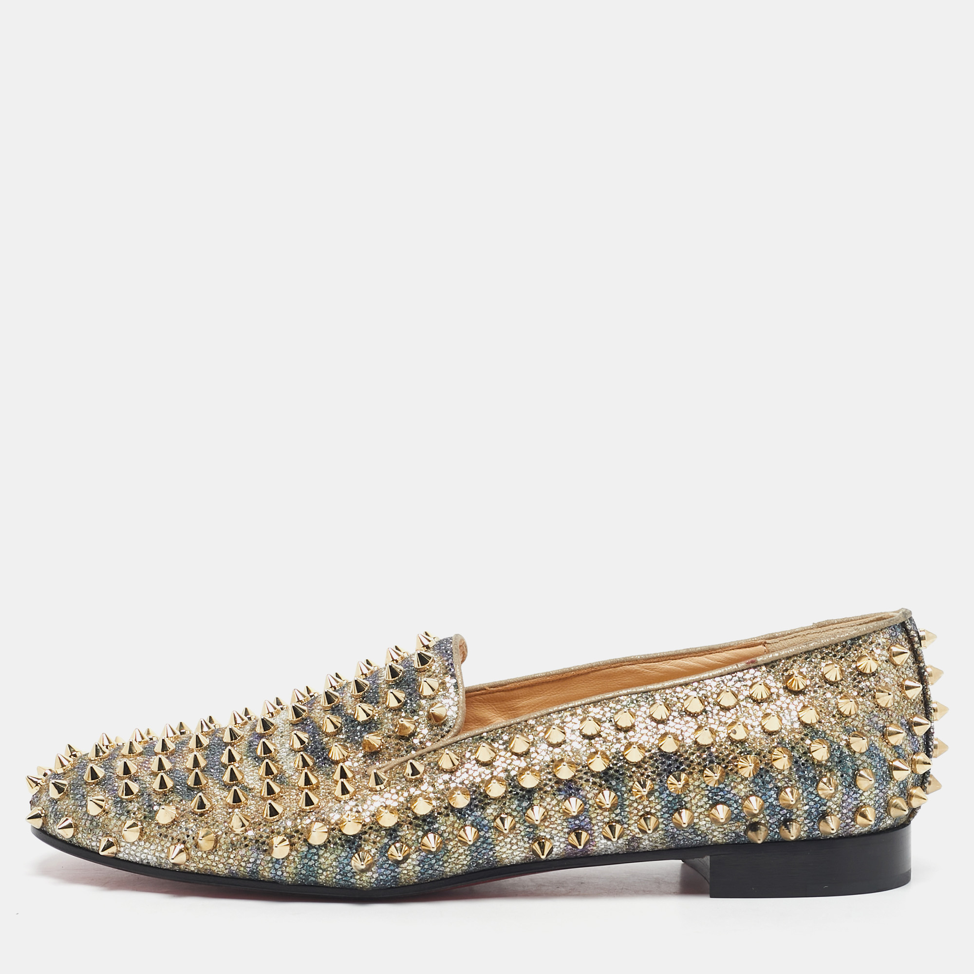 

Christian Louboutin Gold Glitter Dandelion Spikes Smoking Slippers Size