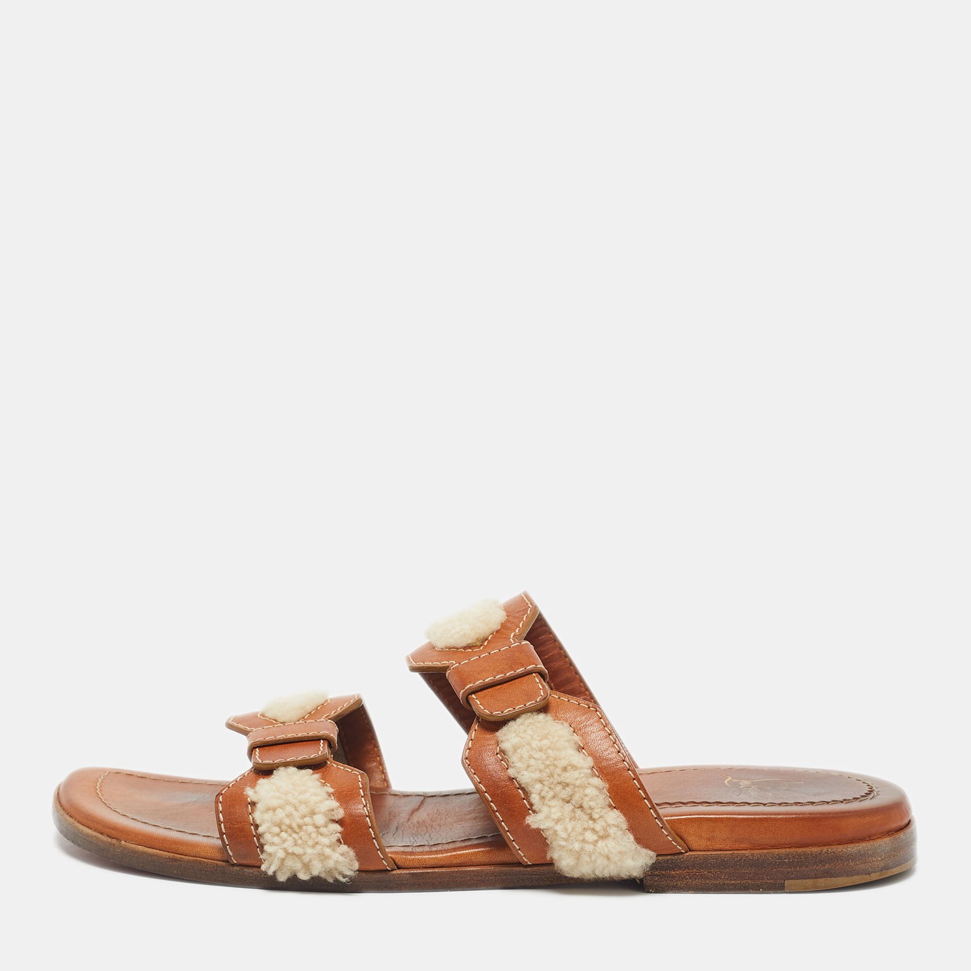 Pre-owned Christian Louboutin Brown Leather And Shearling Double Strap Flat Sandals Size 43