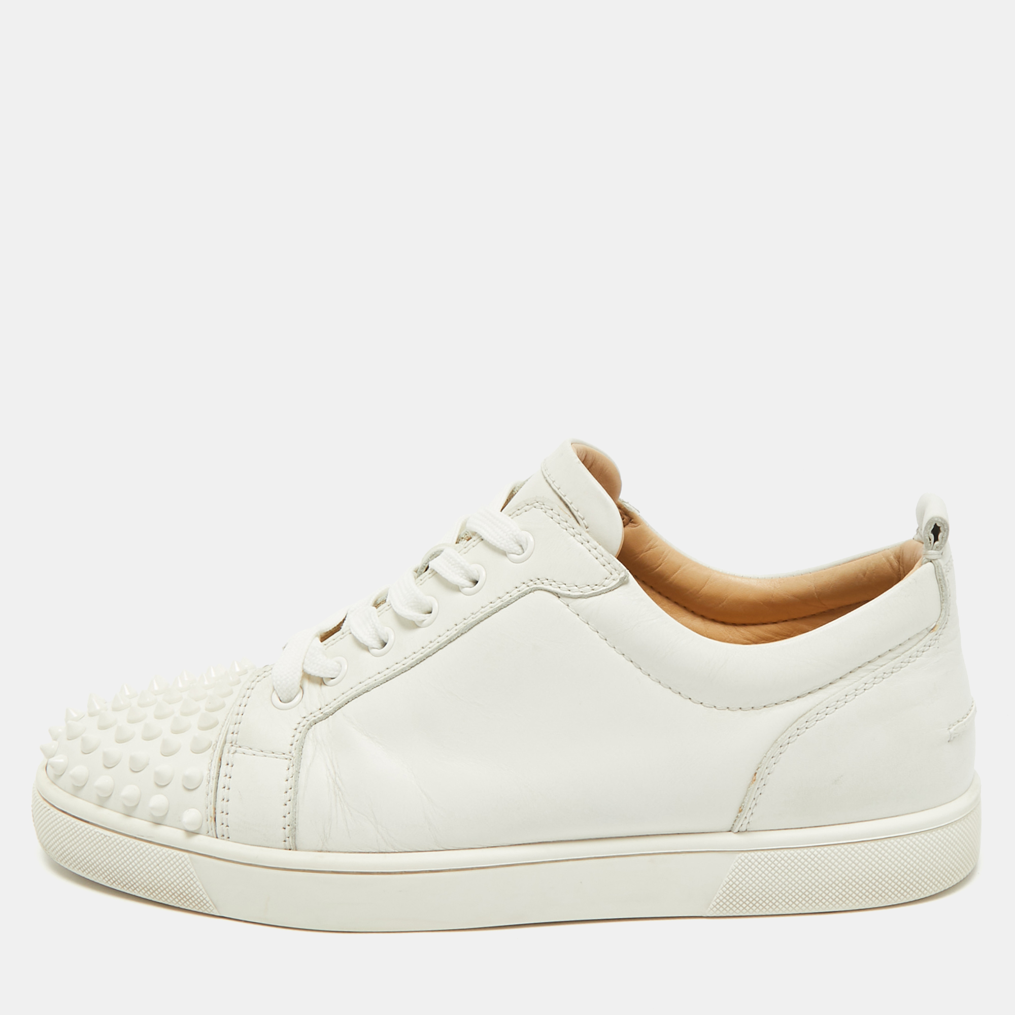 Christian Louboutin White Leather Louis Junior Spikes Low Top Sneakers Size 43.5