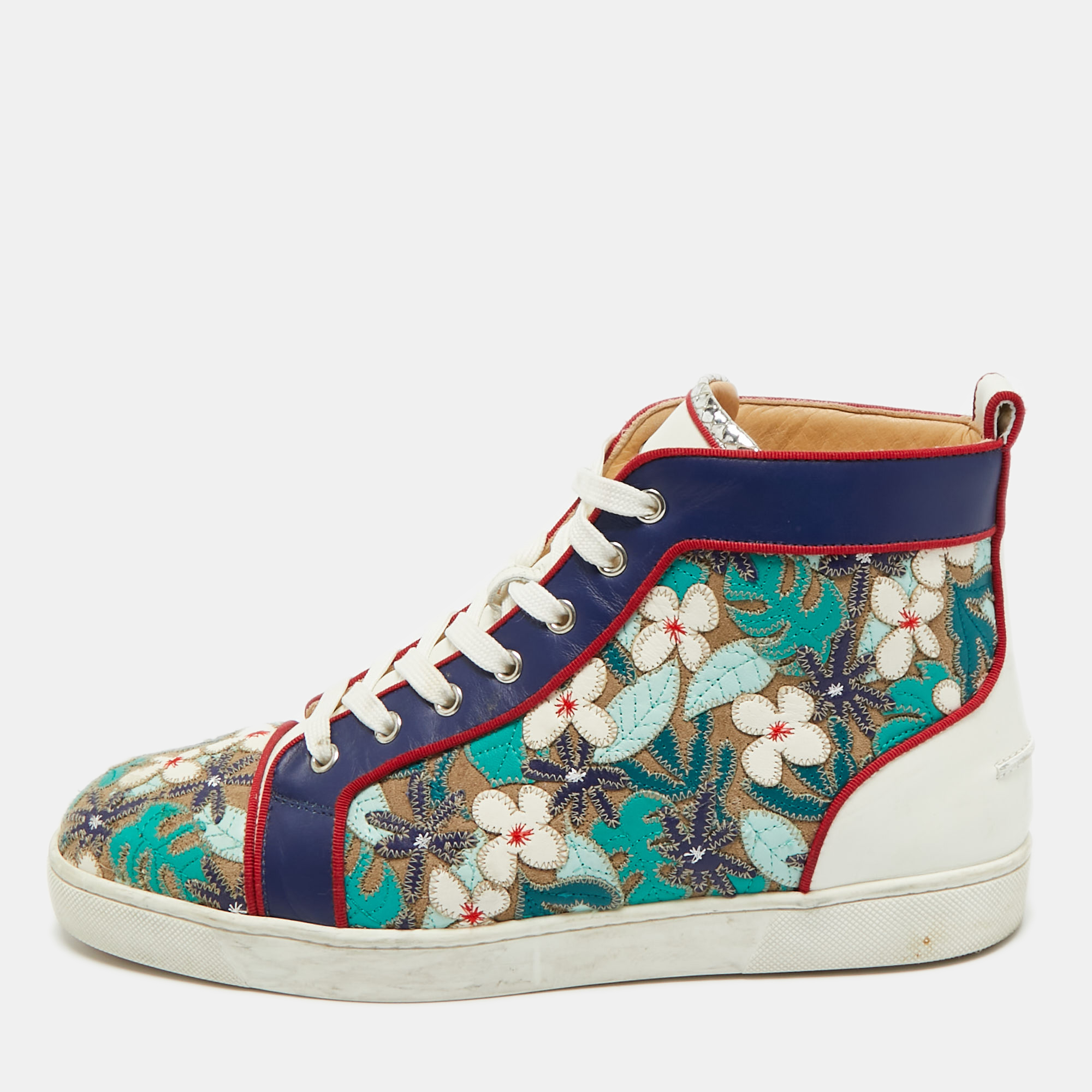 

Christian Louboutin Multicolor Embroidered Suede and Leather Louis Patch High Top Sneakers Size
