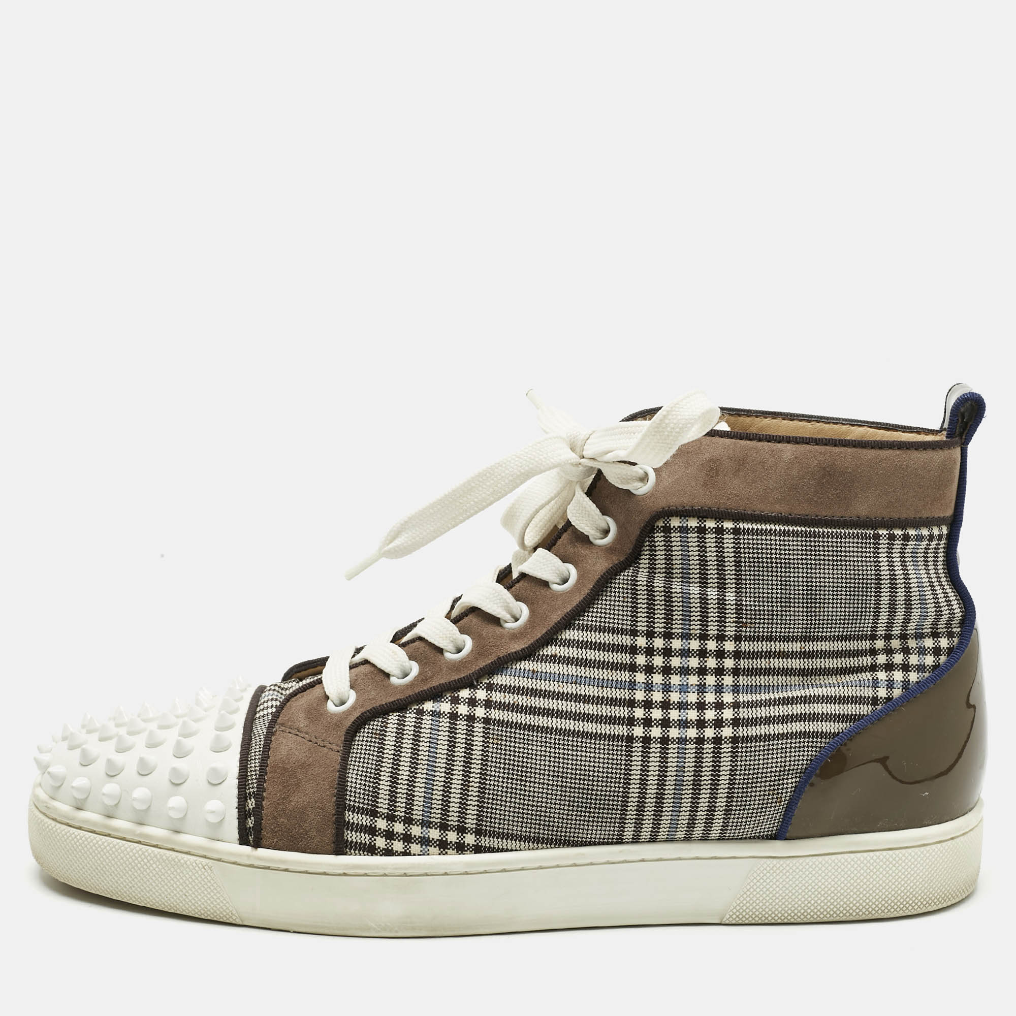 Christian Louboutin Multicolor Check Fabric And Leather Louis Spike High Top Sneakers Size 42.5