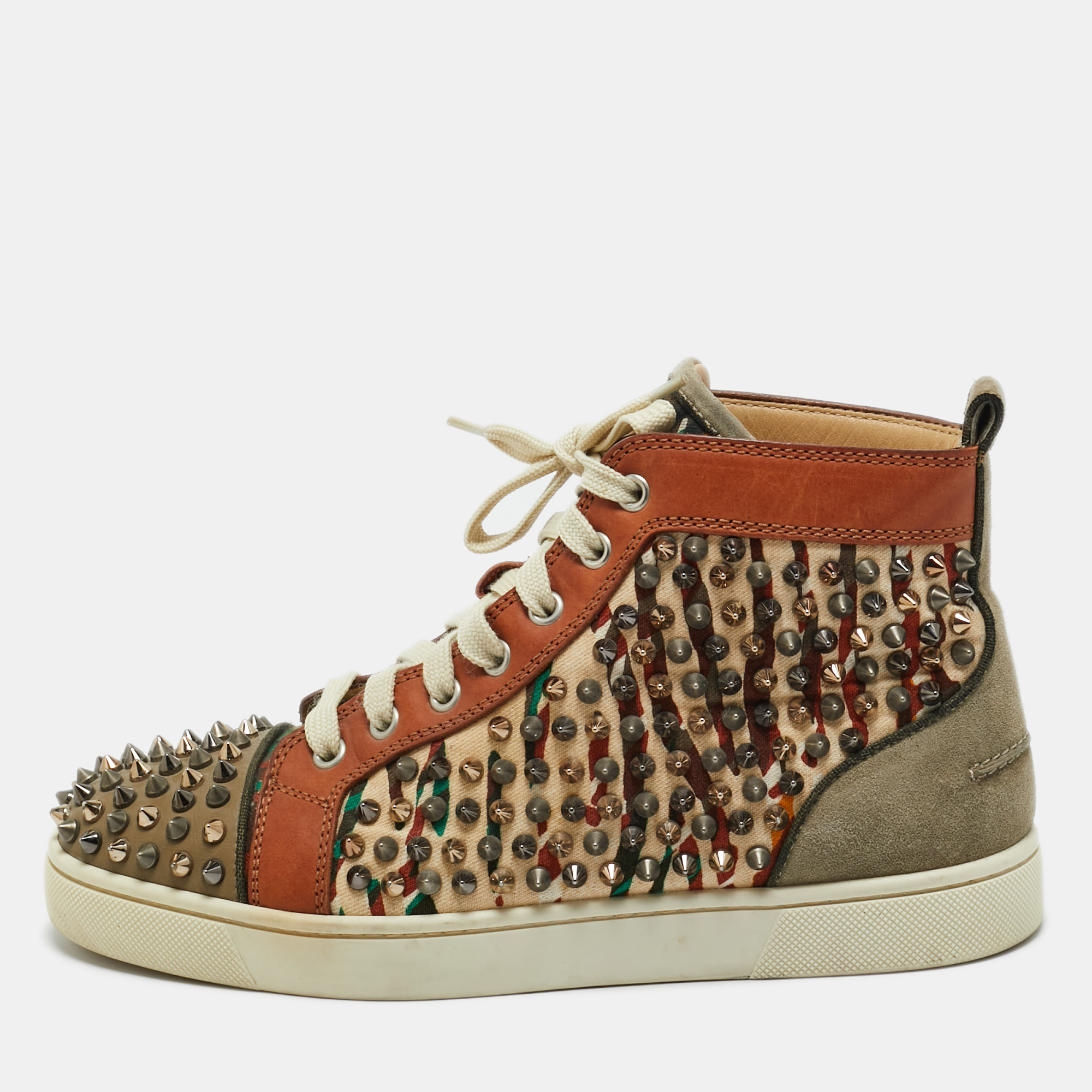 Pre-owned Christian Louboutin Multicolor Canvas And Leather Louis Spikes Lace Up Sneakers Size 39