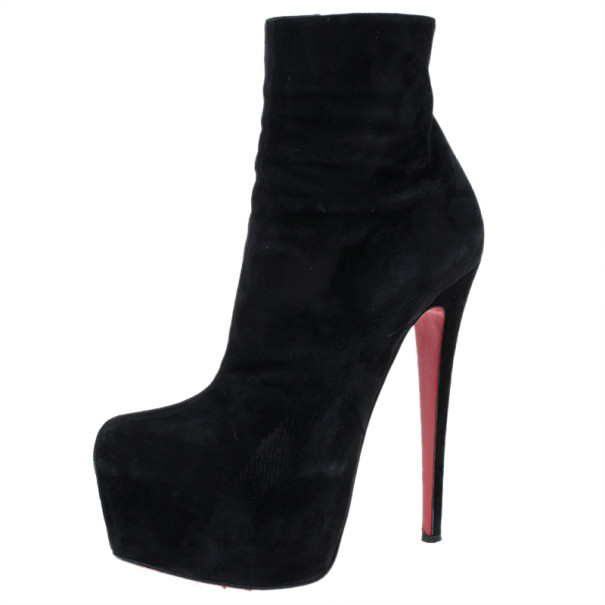 Christian Louboutin Black Suede Lady Daf Booty Platform Ankle Boots Size 37.5