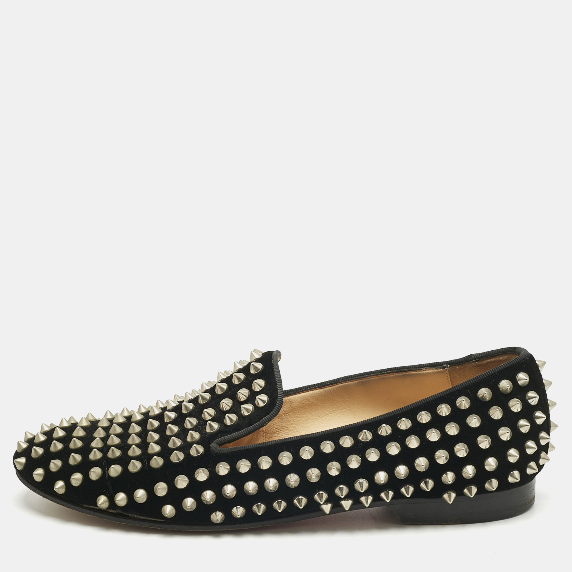 

Christian Louboutin Black Velvet Rollerboy Spike Smoking Slippers Size
