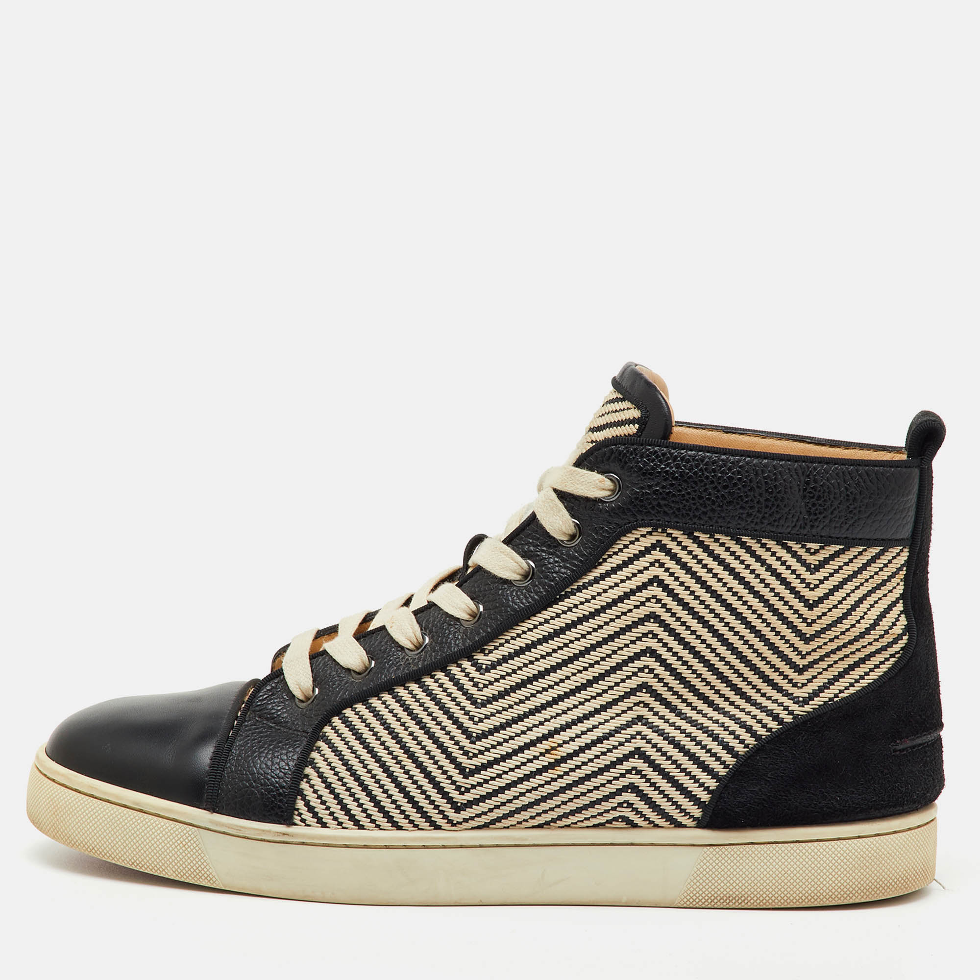 

Christian Louboutin Black/Cream Leather and Woven Fabric Rantus Orlato High Top Sneakers Size