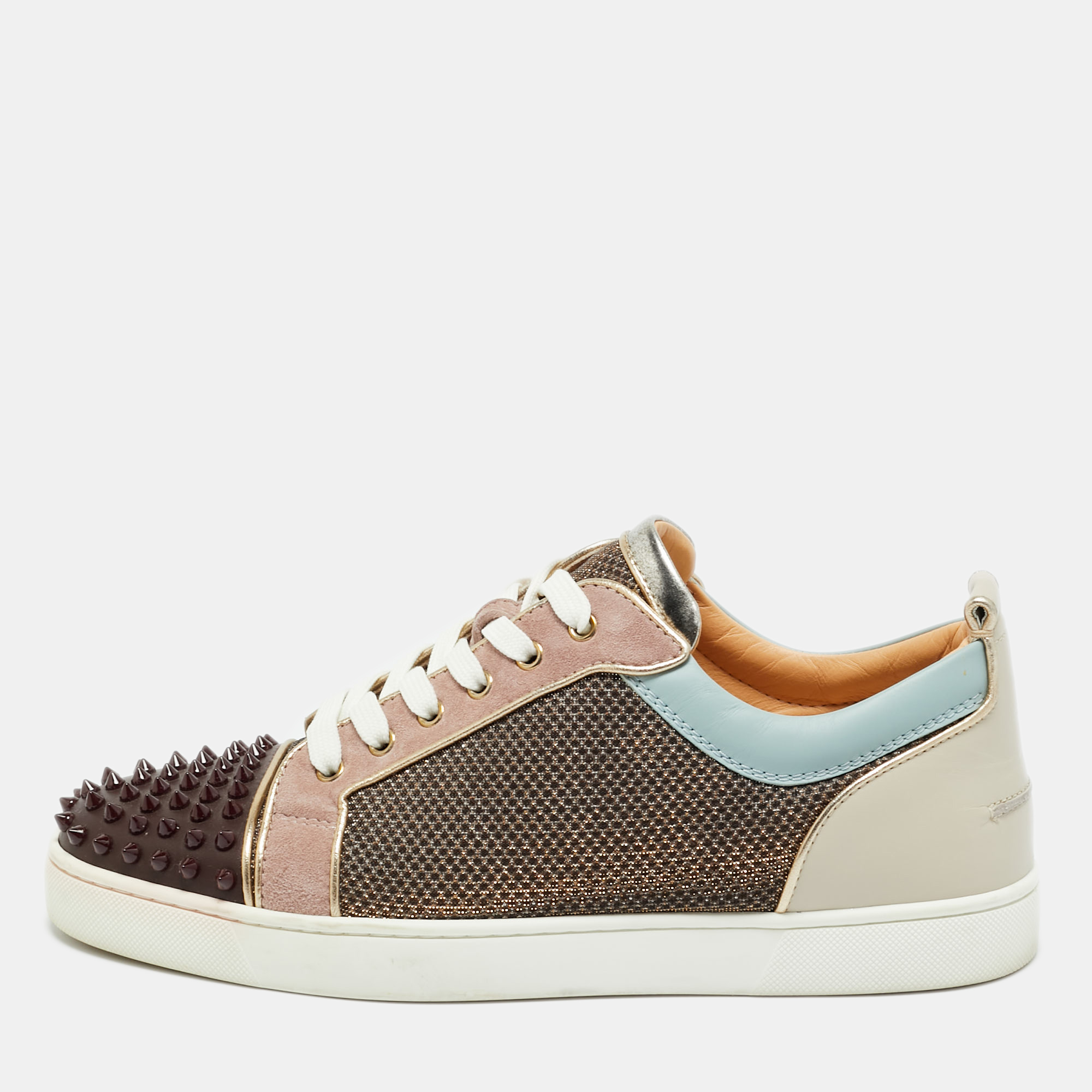 Pre-owned Christian Louboutin Multicolor Leather And Lurex Fabric Louis Junior Spikes Lace Up Sneakers Size 43.5