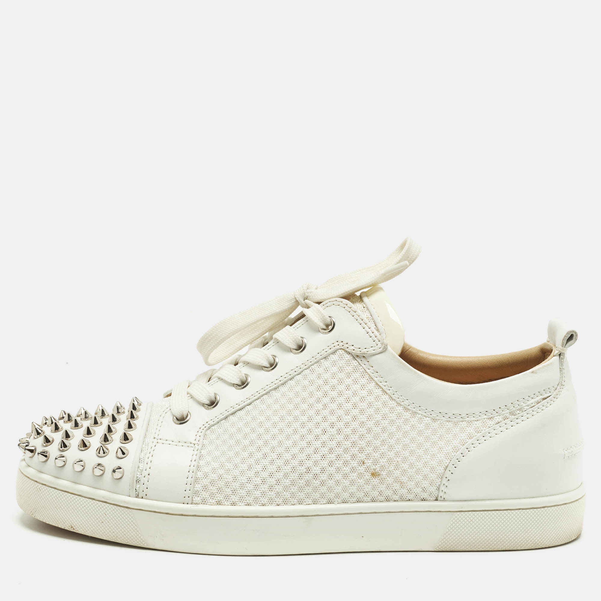 Pre-owned Christian Louboutin White Leather And Mesh Louis Spikes Lace Up Sneakers Size 43