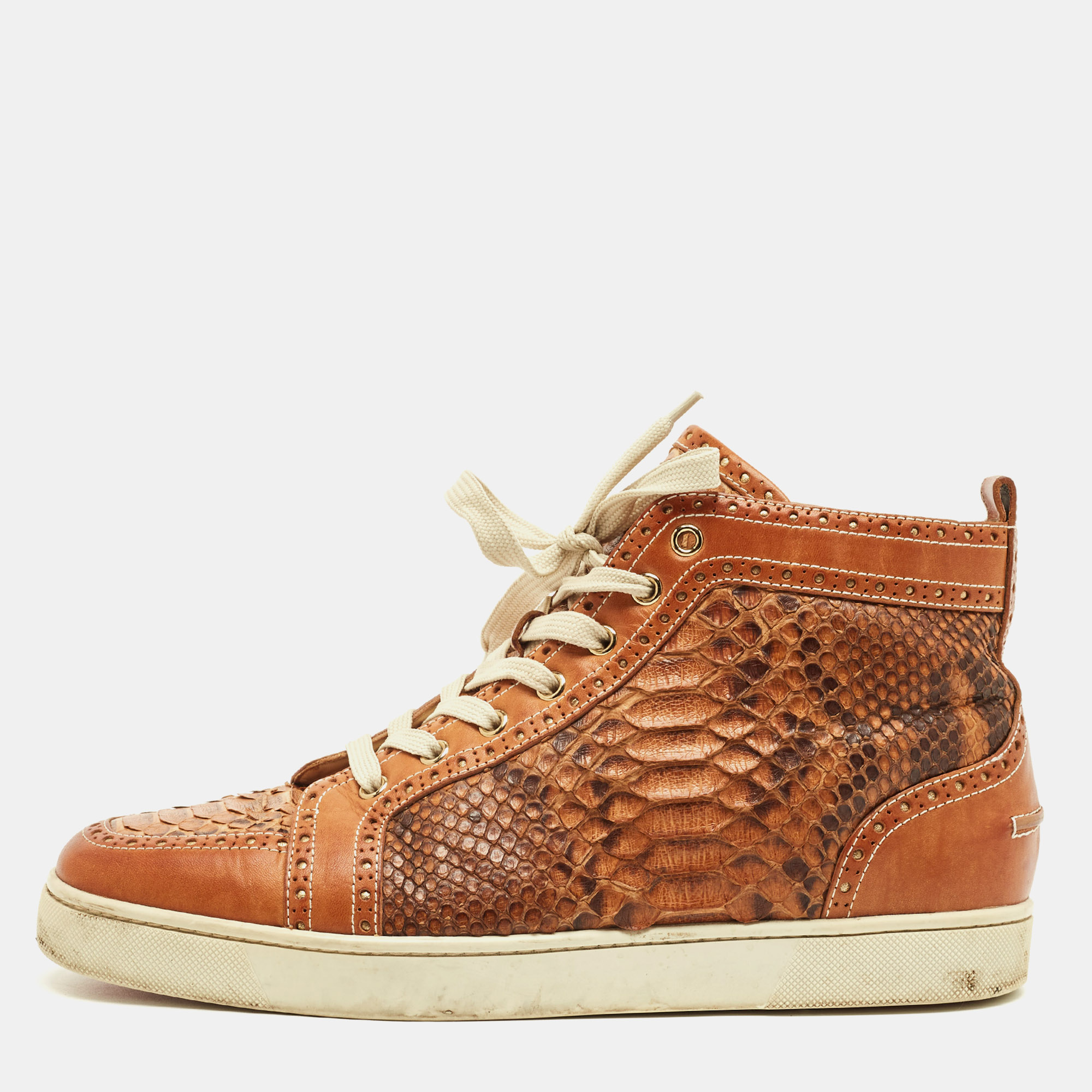Pre-owned Christian Louboutin Louis Size 43 Beige Leather And Python Leather High Top Sneakers In Sand