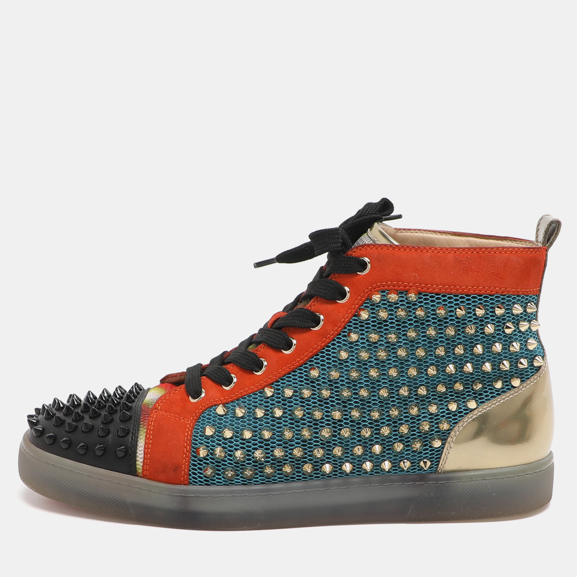 

Christian Louboutin Lou Spikes Orlato Size  Multicolor Mesh and Suede High Top Sneakers