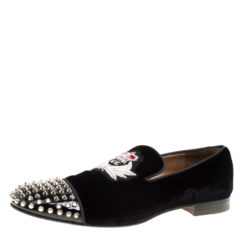 Pre Owned حذاء سليبرز كريستيان لوبوتان سموكينغ سبايكد هارفانانا قطيفة أسود مقاس 45