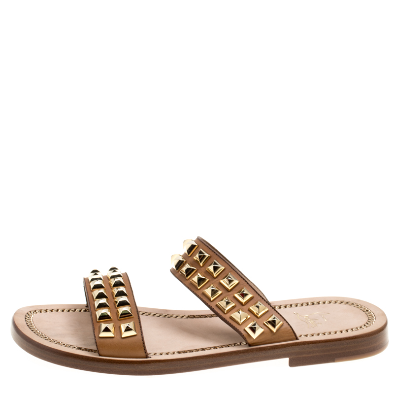 

Christian Louboutin Brown Leather Studded Flat Sandals Size