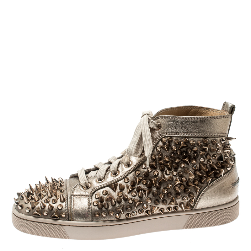 

Christian Louboutin Metallic Gold Leather Louis Spikes Lace Up High Top Sneakers Size