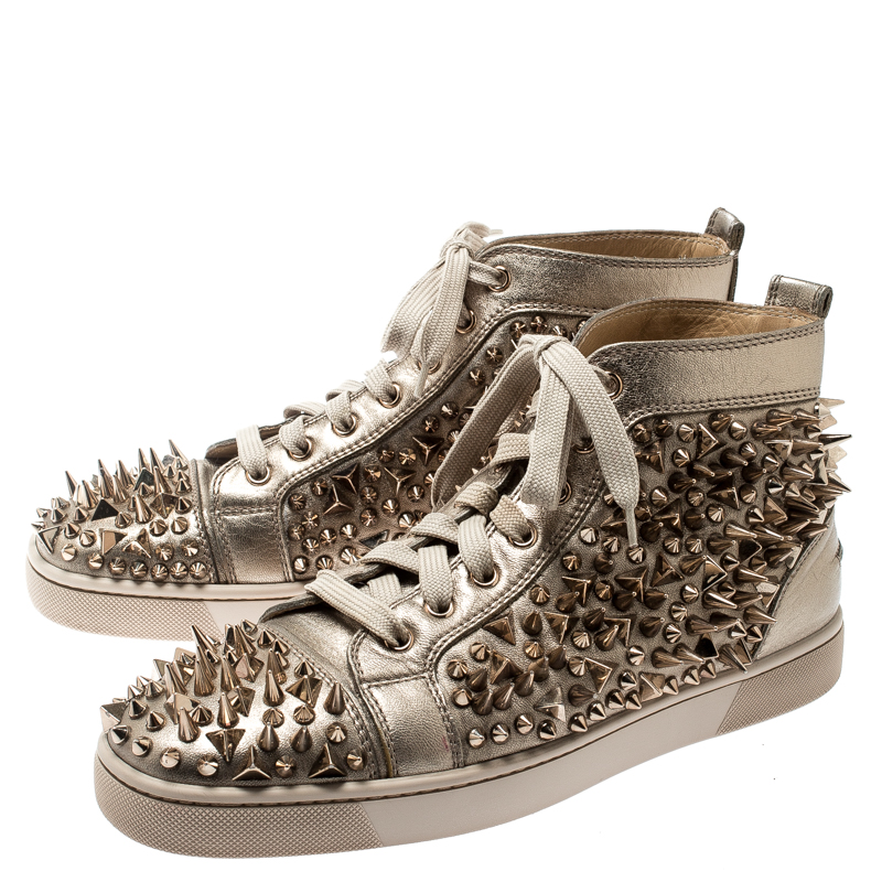 Christian Louboutin Metallic Gold Leather Louis Spikes Lace Up High Top Sneakers Size 41 ...