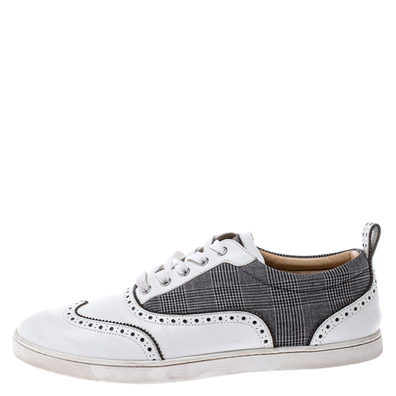 

Christian Louboutin White Leather And Grey Check Canvas Brogue Low Top Sneakers Size