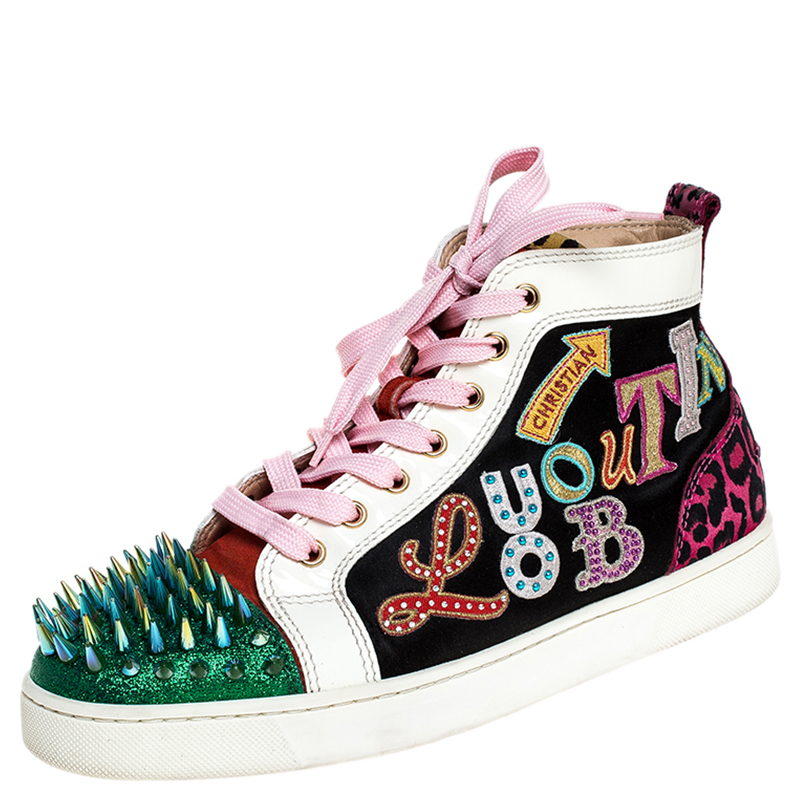 Pre-owned Christian Louboutin Multicolor Leopard Print/logo Suede And Patent Leather Lou Spikes Sneakers Size 41