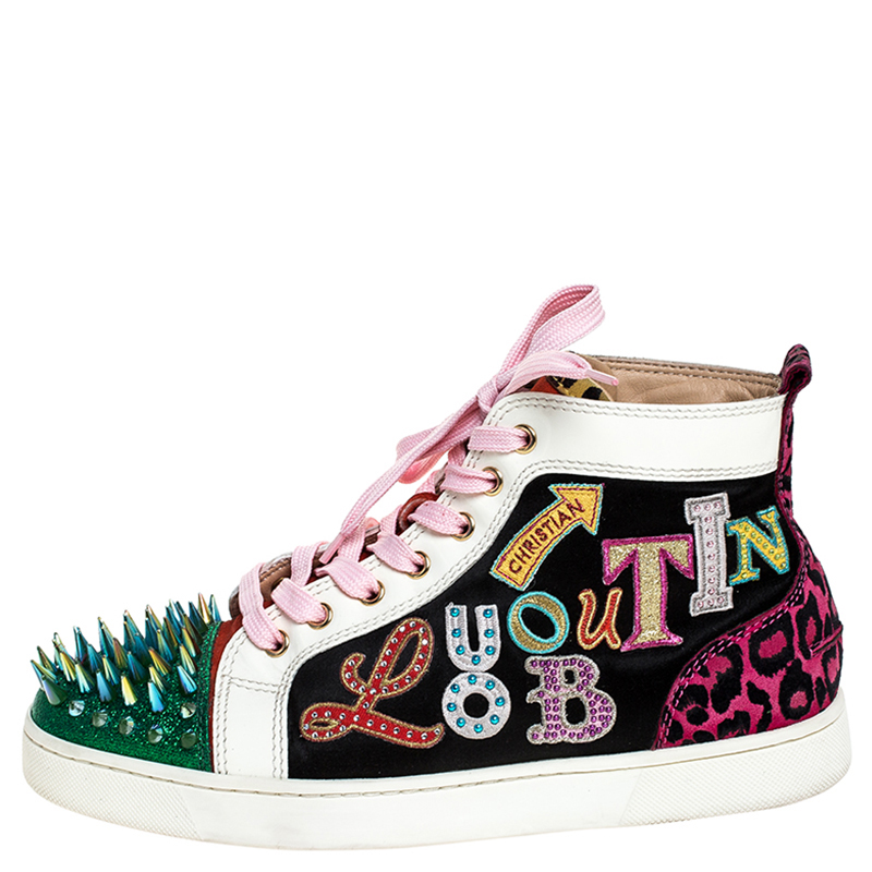 

Christian Louboutin Multicolor Leopard Print/Logo Suede and Patent Leather Lou Spikes Sneakers Size