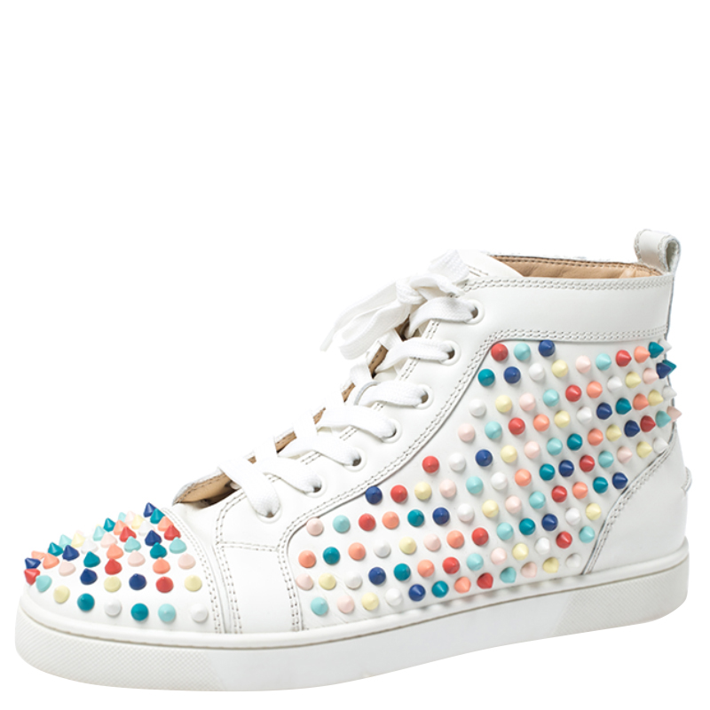 Christian Louboutin White Leather Multicolor Louis Spikes Lace Up High Top Sneakers Size 40.5