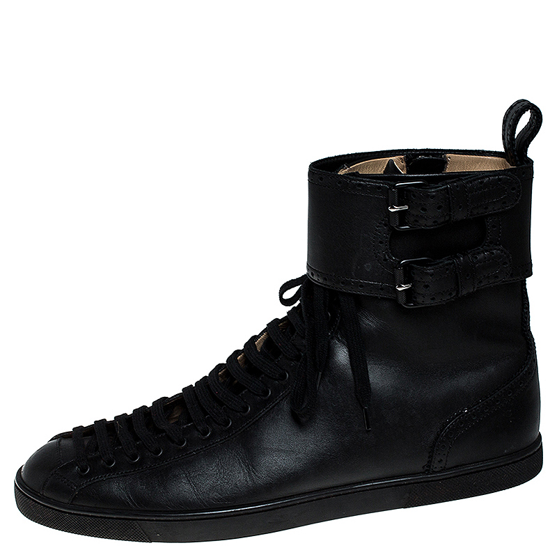 

Christian Louboutin Black Leather Lace and Buckle High Top Sneakers Size