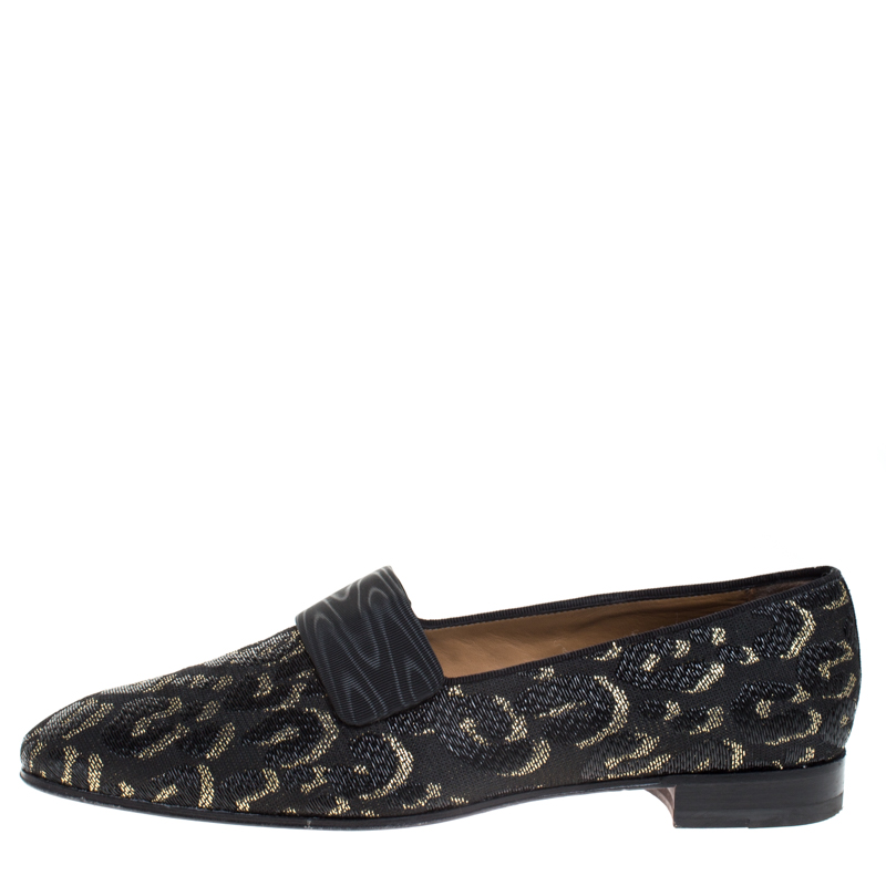 

Christian Louboutin Black/Gold Leopard Print Fabric Loafers Size